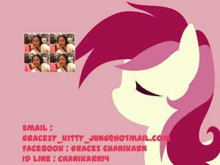 Email :
gracezy_kitty_jung@hotmail.com
Facebook : Gracez Chanikarn
ID Line : chanikarn14

 