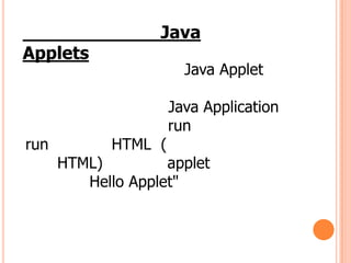Applets
run
Java
Java Applet
HTML (
Java Application
run
HTML)
applet
Hello Applet"