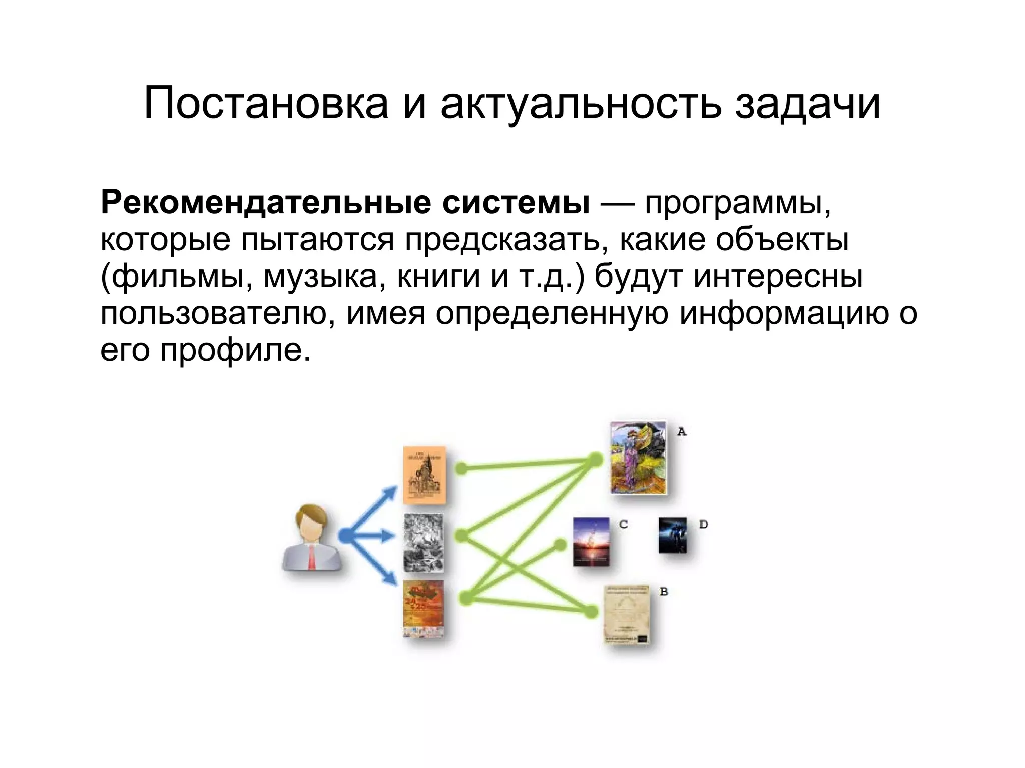 Постановка и актуальность задачи
Рекомендательные системы — программы,
которые пытаются предсказать, какие объекты
(фильмы, музыка, книги и т.д.) будут интересны
пользователю, имея определенную информацию о
его профиле.

 