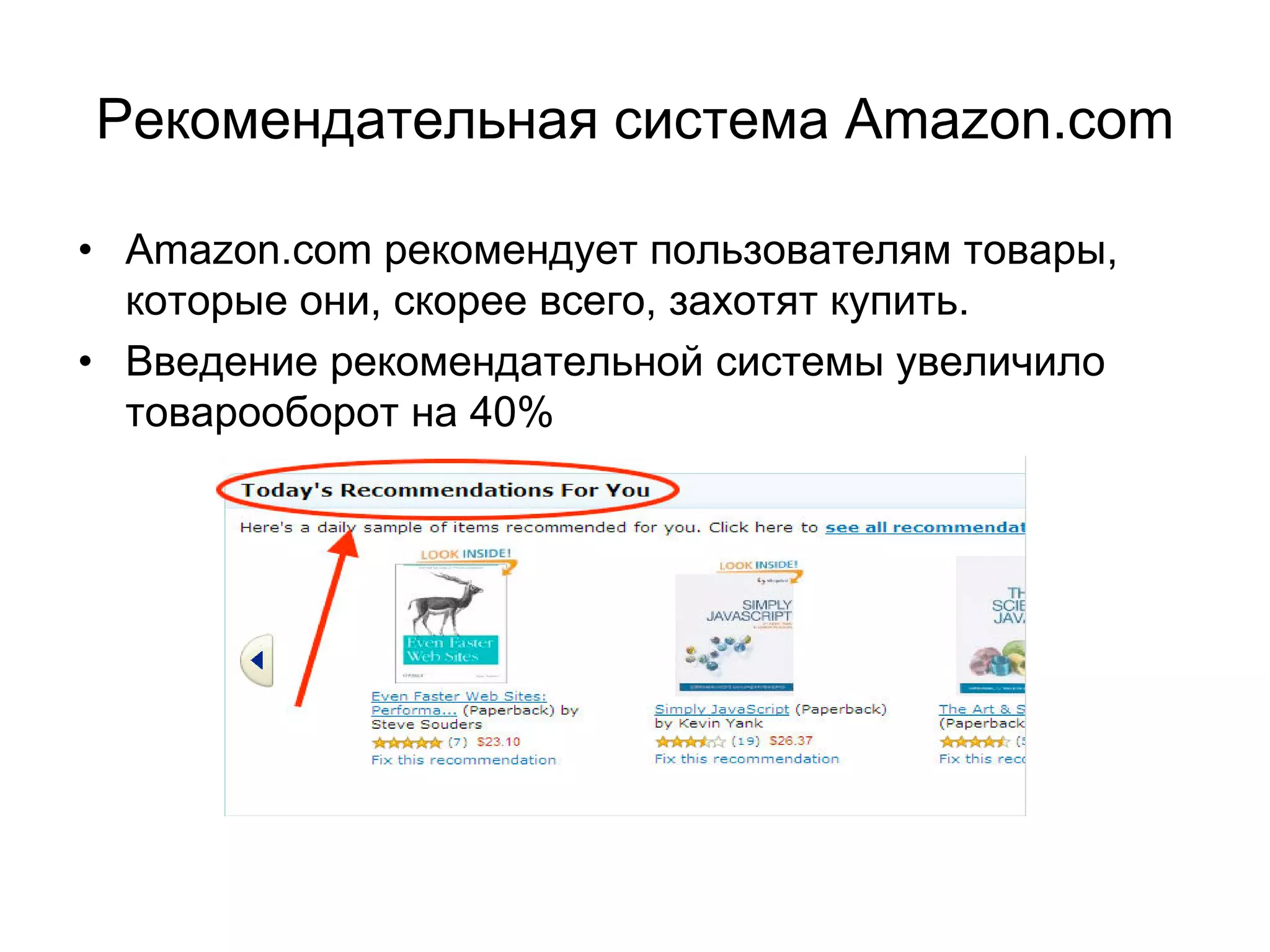 Рекомендательная система Amazon.com
• Amazon.com рекомендует пользователям товары,
которые они, скорее всего, захотят купить.
• Введение рекомендательной системы увеличило
товарооборот на 40%

 