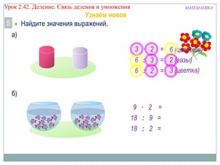 Урок 2.43 Деление. Связь деления и умножения

МАТЕМАТИКА

Узнаём новое
Найдите значения выражений.

5
а)

3 · 2 = 6 (цветков)
6 : 3 = 2 (вазы)
6 : 2 = 3 (цветка)
б)
9 · 2 =
18 : 9 =
18 : 2 =

 