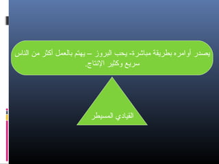 ‫‪‬‬
‫يصدر أوامره بطريقة مباشرة- يحب البروز – يهتم بالعمل أكثر من الناس‬
‫سريع وكثير التنتاج.‬

‫القيادي المسيطر‬

 