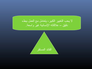 ‫ل يحب التغيير الكبير- يتعامل مع العمل ببطء‬
‫داقيق – علاقاته التنساتنية غير واسعة.‬

‫القائد المستقر‬

 