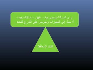 ‫يرى المسألة بموضوعية – داقيق – علاقاته جيدة‬
‫ل يميل إلى التغييرات ويحرص على التدرج الشديد.‬

‫القائد المحافظ‬

 