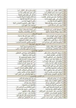 ‫65‬
‫75‬
‫85‬
‫95‬
‫06‬
‫16‬
‫26‬
‫36‬
‫46‬
‫56‬
‫66‬
‫76‬
‫86‬
‫96‬
‫07‬
‫17‬
‫27‬
‫37‬
‫47‬
‫57‬
‫67‬
‫77‬
‫87‬
‫97‬
‫08‬
‫18‬
‫28‬
‫38‬
‫48‬
‫58‬
‫68‬
‫78‬
‫88‬
‫98‬
‫09‬
‫19‬
‫29‬

‫َْ ََ ْ‬
‫لفتح مخرج على ال َولى ثبت‬
‫ِ َْ ِ َ ْ َ ٍ ََ‬
‫َ ْ َ َ ٌ )ُ ْ ُ َ ٍ ( َ ُ ّ َ ْ‬
‫قلقلة قطب جد وقربت‬
‫أَ‬
‫َْ ُ َْ ُ ِْ َ َ ْ ٍ ُ ّ َ ْ‬
‫كبر حيث عند وقف شددت‬
‫َ ْ ِ َ ْ‬
‫كبيرة حيث لدى الوقف أ َتت‬
‫َِ َ ٌ َْ ُ َ َ‬
‫ونحو كي ولو (بلينٍ وصفا‬
‫ُ ِ َ‬
‫َ َ ُ ُ )َ ْ َ َ ْ ِ ِ‬
‫و )الهاء مع حروف مد (للخفا‬
‫َ ُ َ ْ ُ ُ ِ َ ّ ِْ َ َ‬
‫َ‬
‫و )اللم والرا( انحرفا وكررتْ‬
‫ُ َ ّ ْ َ َ َ َ ُ ّ َ‬
‫َ‬
‫و)الصاد مع سين وزاىٍ صفرت‬
‫(ُ ّ َ ْ‬
‫ّ ُ َ ْ ِ ٍ َ َ‬
‫َ‬
‫إ ِن شددا فأدغما فأخفيا‬
‫ْ ُ ّ َُ ْ ِ َ َُ ْ َِ‬
‫وغن في نون وميم (باديا‬
‫َ ُ ّ ِ ) ٍ َ ِ ٍ َ َِ‬
‫ُ‬
‫ِ ِ َ َ َ ََ ْ‬
‫بألف ل فيهما كما ثبت‬
‫ِ ِ ٍ‬
‫َُ ْ ِ َ ُ ّ َ ُ ّ َ ْ‬
‫فأظهرا فحركا وقدرت‬
‫ضادا وفي )الشين( التفشي كَمل‬
‫ُ‬
‫ّ ِ َ َ ّ‬
‫)َ ً ( َ ِ‬
‫خمس مراتب بها واستطل‬
‫َ ْ ُ َ َ ِ ٍ ِ َ َ َْ ِ‬
‫وحيثما شدد فهو أ َ‬
‫َ َ ْ ُ َ ُ ّ َ َ ْ َ بينُ‬
‫َْ‬
‫َ ْ َ ُ ْ ُ َ ًّ ََّ ُ‬
‫وإ ِن يكن مسكنا فبين‬
‫ّ َ ِ‬
‫تقسيم الصفات‬
‫َ ْ ِ ُ‬
‫لين انفتاح واستفال عرفا‬
‫ِ ُ ْ َِ ٌ َ ِْ َ ٌ ُ ِ َ‬
‫ضعيفها همس ورخو وخفا‬
‫َ ِ ُ َ َ ْ ٌ َ ِ ْ ٌ َ َ َ‬
‫ْ َ ِ َ َِّْ ِ‬
‫ل الذلق والصمات والبينية‬
‫ّْ ِ َ‬
‫َ َ ِ َ َ َ ْ ُ ُ ِ ُ ّ ِ‬
‫وما سواها وصفه بالقوة‬
‫تقسيم الحروف‬
‫َ ْ ِ ُ ُ ُ ِ‬
‫َ َ ُ ِ ٌ َ ُ َ َ َ ُ‬
‫با قاف جيم دال ظا را صاد‬
‫ْ ُ ِ ِ َ ِ َ ُ‬
‫قوىّ أ َحرف الهجاء ضاد‬
‫َ ِ‬
‫ذالٌ وزاى تا وعين شينُ‬
‫َ ٌ َ َ َْ ٌ ِ‬
‫َ‬
‫َ ّ ُ ْ َ َ ّ ِ ُ ِ ُ‬
‫والطاء أ َقوى والضعيف سين‬
‫والمَد مع فحثه (أ َ‬
‫ّ َ ْ )َ َ ّ ُ ضعفها‬
‫ْ َ ُ َ‬
‫َ‬
‫كذاك حرفا اللين خاء كافها‬
‫َ َ َ َ ْ َ ّ ِ َ ٌ َ ُ َ‬
‫والوسط همز غين مع لم أ َ‬
‫والميم والنون فخمسا قسمت‬
‫َ ِ ِ َ ّ ِ َ َ ْ ً ُ ّ َ ْ‬
‫َ ْ‬
‫َ َ ْ ُ َ ْ ٌ َ ْ ُ َ ْ ٍ تت‬
‫ِ َ ُ ُ ُ ِ َ ِ َ ُ‬
‫صفات الحروف العارضة‬
‫إ ِخفا وتفخيم ورق أ ُ‬
‫ْ َ َ َ ْ ِ ٌ َ ِ ّ خذا‬
‫ِ َ‬
‫إ ِظهار ادغام وقلب وكذا‬
‫ْ َ ٌ ْ َ ٌ َ َْ ٌ َ َ َ‬
‫وأيضا السكون والسكت حكي‬
‫ّ ُ ُ َ ّ ْ ُ ُ ِ‬
‫ََ ً‬
‫َ َ ّ َ َ ْ ُ َ َ ّ َ ّ ِ‬
‫والمد والقصر مع التحرك‬
‫الترقيق والتفخيمُ‬
‫ّ ْ ِ ُ َ ّ ْ ِ‬
‫والعُلو فخم سيما في المطبقِ‬
‫ُ َْ‬
‫َ ْ َ َ ّ ْ ِّ َ ِ‬
‫َْ ً َ ّ ِ‬
‫حروف الستفالِ حتما رقق‬
‫ِْ َ‬
‫ُ ُ َ‬
‫َ ُ َْ ٌ َ ُ ِ ْ َ ِ‬
‫أ َعله في كطائف فصلى‬
‫ْ ُ ِ َ َ ِ ٌ َ َّ‬
‫فقربة فل تزغ فظل ّ‬
‫فمثل مفتوح ومضموم تل‬
‫َ ِْ ُ َ ُْ ٍ َ َ ْ ُ ٍ َ‬
‫والمتولي في السكون فصل‬
‫ّ ُ ِ َ ّ‬
‫ِ‬
‫َ ْ َُ َّ‬
‫ومنْ يفخم را كإخراج فل‬
‫َ َ ُ َ ّ ْ َ َِ ْ َ ٍ َ‬
‫ثم سكونا بعد كسر جعل‬
‫َ ّ ُ ُ ً َ ْ َ َ ْ ٍ َ َ‬
‫واللم في اسم ا حيثما أ َ‬
‫ِ ْ َ ْ ِ َْ َ ٍ َ َ ّ ُّ َ ْ‬
‫من بعد فتحة وضم غلظت‬
‫َ ْ‬
‫ْ ِ ِ َ ْ ُ َ تت‬
‫ُ ِ‬
‫َ‬
‫ِ ْ َ ْ ِ َ ْ ِ َ ْ َ ٍ ََ َّ ْ‬
‫من بعد وصل كسرة تأصلت‬
‫َ ّ ُ ُ ّ َ ْ َ َ َ ََ ْ‬
‫والراء رققت إ ِذا ما سكنت‬
‫متصلٍ ورق فرق أعلى‬
‫ُّ ِ َ ِ ّ ِ ْ ٍ َْ‬
‫ولم تكن من قبل فتح استعل‬
‫ََ ْ َ ُ ْ ِ ْ َْ ِ َْ ِ ِْ ْ‬
‫َ ْ ِ َ ْ َ َ ِ ٌ ْ ُ ِ َ ْ‬
‫في الوقف وهو راجح إذ كسرت‬
‫ِ‬
‫َ ُ ّ َ ْ َ ْ ُ َ ً َ ُ ّ َ ْ‬
‫ورققت مكسورة وفخمت‬
‫كسرٍ وساكن استفال فصل‬
‫َ ْ َ َ ِ ِ ِْ َ ٍ َ َ‬
‫ما لم تكن بعد سكون يا ول‬
‫َ َ ْ َ ُ ْ َ ْ َ ُ ُ ِ َ َ‬
‫َ ِ ْ ِ َ ْ ُ ُ ِ َ ْ ُ ِ َ‬
‫كالقطر مع نذر عكس مصر‬
‫ورق نحو يسر وأ َسر أ َحرى‬
‫َ ِ ّ َ ْ ِ َ ْ ِ َ ْ ِ َ َ‬
‫ما قبلها والعكس في الغن أ ُ‬
‫َ ّ ل فْ‬
‫ِ‬
‫َ ََْ َ َ َ ْ ُ ِ‬
‫َ ّ ْ ُ َ َ ِ َََْ ُ ِ ْ‬
‫والروم كالوصل وتتبع اللف‬
‫َ ُ ّ ْ ِ ِ َ ّ ْ ِ ِ‬
‫باب التحذير والتحسين‬
‫إ ِن يك مع مفخم قد التقى‬
‫ْ َ ُ َ ْ ُ َ ّ ٍ َ ِ َْ َ‬
‫إ ِياك أ َن تفخم المرققا‬
‫ّ َ ْ ُ َ ّ َ ْ ُ َ ّ َ‬
‫أ َنطقنا ا أ َضاء حصحصا‬
‫ُ َ َ َ ْ َ َ‬
‫ْ َ ََ‬
‫كأطهر اغلظ إ ِذ نتقنا نكصا‬
‫ََ ْ َ ُ ُْ ْ ْ ََ َْ َ َ َ‬
‫َ َِ ٌ َِ َ ِ َ ِ ُ ُ ْ‬
‫وجلة بيده يعدكم‬
‫َ َِْ ْ َ ْ َ ََ ْ َِ َ ُ ْ‬
‫ل تختلس نحو ولن يتركم‬
‫وفقعوا نذر تحصنونا‬
‫َ َ َ ُ َ َ َ ُ ْ ُِ َ‬
‫ومز من ال َشباه يصحبونا‬
‫َْ ِ ُ ْ َُ َ‬
‫َ ِ ْ ِ َ‬
‫صر قسمنا وأ َ‬
‫َ ِ ٌ َ ْ ُْ َ ِ َ ّ ْ َ َ ّ‬
‫ناضرَة والمنذرين الرجس ذل‬
‫ّ َ َ ّ‬
‫ِ ّ َ َ ْ َ َ سروا التين ضل‬
‫َ ّ‬
‫نسرا عسى حسير مع مستورا‬
‫َ ِ ُ َ ْ َ ُْ َ‬
‫َ ْ ً َ َ‬
‫مركوم التلق مع محذورا‬
‫َ ْ ُ ٌ ّ ِ َ ْ َ ْ ُ َ‬
‫َ َ ْ َُِْ ُ ْ‬
‫وتتوفى وأ َتت فتنتهم‬
‫َََ َ ّ‬
‫ِ ّ ِ ِ َ ِ ْ ِ ُ ْ‬
‫واحرص على الشدة في كشرككم‬
‫َ ْ ِ ْ ََ‬
‫ّْ ِ‬
‫والحج يجبى نبغ حب الصبر‬
‫َ ْ َ ّ ُ َْ َْ ِ ُ ّ‬
‫َ ْ َ ْ ِ َ ّ ِ ِ َ ْ َ ْ ِ‬
‫والجهر والشدة في كالفجر‬
‫َ ْ َ ِ ٍ َْ َ َ َ ٍ َ َ ْ‬
‫فاصْفح وميم قبل فا واو تقع‬
‫َ‬
‫َ َ ُ ُ ُ ُ ِ ْ َّ ْ ُ َ ْ‬
‫كذا سكون ل تزغ سبحه مع‬
‫َ ْ ِ ّ ْ َِ َ َ ْ ََ ّ ِ‬
‫بل خف ال ِنطباق مع تلطف‬
‫والكز دع في الميم حيث تختفي‬
‫ِ ِ َْ ُ َ َْ ِ‬
‫َ ْ َ ّ َ ْ ِ‬

 