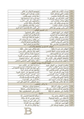 ‫202‬
‫302‬
‫402‬
‫502‬
‫602‬
‫702‬
‫802‬
‫902‬
‫012‬
‫112‬
‫212‬
‫312‬
‫412‬
‫512‬
‫612‬
‫712‬
‫812‬
‫912‬
‫022‬
‫122‬
‫222‬
‫322‬
‫422‬
‫522‬
‫622‬
‫722‬
‫822‬
‫922‬
‫032‬
‫132‬
‫232‬
‫332‬
‫432‬
‫532‬
‫632‬
‫732‬

‫ِ َ َ ِ ُ ّ َ ِ ِ‬
‫وموضِع النفال ثم غافر‬
‫َ َ‬
‫َ ُّ َ ّ ِ ِْ َ َ ِ ِ‬
‫وسنت الثلث عند فاطر‬
‫وابنتَ مع قرة عين فطرتا‬
‫َ ْ ُ ّ ُ َْ ٍ ِ ْ ََ‬
‫َ َْ‬
‫ولعنت النور ونجعل لعنتا‬
‫ََ ْ َ ّ ِ ََ ْ َ ْ َ ََْ‬
‫َ ً َ َّ ُ َ ِ ٍ َ َ َ ْ‬
‫معا وجنت نعيم وقعت‬
‫َ ِّ ُ ِ َ ْ ً َ ْ َِ ْ‬
‫بقيت ا وأ َيضا معصيت‬
‫وما قري فردا وجمعا فبتا‬
‫َ َ ُ ِ َ ْ ً َ َ ْ ً ََِ‬
‫كلمت ال َعراف في العراق تا‬
‫ِ َ ِ َ‬
‫ْ َ ِ ِ‬
‫َِ َ ُ‬
‫وهو جمالت وءايات أ َ‬
‫بالعنكبوت في التي تأخرتْ‬
‫ََ ّ َ‬
‫ِ َ َُ ِ ِ‬
‫َ ْ‬
‫َ ْ َ ِ َ ُ َ َ َ ٌ تت‬
‫ُ َ ِ َ ِ ََ َ ِ‬
‫والغُرفات وكل غيابت‬
‫َ‬
‫َ ْ ُ ُ ٍ َ ُ ْ ََ ََّ ِ‬
‫مع يوسف وهم على بينت‬
‫يونس والنعام والطول بدتْ‬
‫َ ِ َ ّ ْ ِ َ َ‬
‫ُ ُ َ َ‬
‫ََ َ َ ِ ُ َّ ْ َ َِ َ ْ‬
‫وثمرات فصلت وكلمت‬
‫في الفرد ها والجمع تا كما قُري‬
‫َ ْ ِ َ َ َ ْ ِ َ َ َ ِ‬
‫ِ‬
‫َ ِ ْ َِ ِ ُ ُ ٍ َ ْ َ ِ‬
‫لكن بثاني يونس مع غافر‬
‫َ ُ َ ْ ِ ِ َ ْ ِ‬
‫باب تقسيم الوقف‬
‫َ َ َ َّ ٍ َ َ َْ ِ ّ‬
‫وعنْ تعلق فمعنوي‬
‫ْ َ ْ ُ َ ْ َْ ِّ ٍ َ ْ ِ ّ‬
‫الوقف عن كيفية لفظي‬
‫أ َو انتظاري أ َ‬
‫ْ ْ ِ َ ِ ّ و اختياري‬
‫ِ َِْ ِ‬
‫فهو اضطراري أ َو اختباري‬
‫َ ْ َ ْ ِ َ ِ ّ ِ َِْ ِ‬
‫َ ِْ ً ْ ْ ً ْ َ َ َ‬
‫تعليما او إعلنا او إجابة‬
‫كذاك تعريفي وهذا ما أتى‬
‫َ َ َ َ َ‬
‫َ َ َ َ ْ ِ ِ‬
‫ِ ْ َ ْ ِ َ ْ ٍ ْ ِ َ ْ ٍ َ ِ‬
‫من وقف رسم أ َو بوجه جار‬
‫وال ِختباري ل ِمتحان القاري‬
‫ِْ َ ِ ْ َ ِ‬
‫َ َِْ ِ‬
‫َ ِْ َ ِ ّ ِ َ ْ ٍ َ ْ ِ ِ‬
‫وال ِنتظاري لجمع فاعرف‬
‫َ َْ ّ ُ ّ ََِ ِ ْ َْ ِ‬
‫واختص كل ببيان الكيف‬
‫وال ِختياري لتمام كمل‬
‫َ َِْ ِ ّ َِ َ ٍ َ ُ‬
‫وال ِضطراري لعارض جل‬
‫ْ ِ َ ِ ّ ِ َ ِ ٍ َ‬
‫َ‬
‫َِْ ِ ّ َ َ ْ ُ َ ّ ْ ُ‬
‫الوقف ال ِختياري والقطع والسكت‬
‫َ ْ ُ‬
‫فيه وكاف حيث معنى علقا‬
‫ُّ َ‬
‫ِْ ِ َ َ ٍ َْ ُ َ ًْ‬
‫الوقف تام حيث ل تعلقا‬
‫َ ْ ُ َ ٌ َْ ُ َ َّ َ‬
‫فقف ول تبدأْ‬
‫ِ ُ َ ّ‬
‫َ ِ ْ َ َ ْ َ وفي الي يسن‬
‫َ ِ‬
‫ِ ْ َ َْ ِ ْ َ َْ ُ َ ْ ً َ َ َ ْ‬
‫قف وابتدئ وحيث لفظا فحسن‬
‫َ ُ َ ً َ ْ َْ ِ َ َْ ُ ُ ِ ْ‬
‫ضرورة وابدأ بما قبل عرف‬
‫َ َْ ُ َ ْ َِ ّ َ َِ ُ ِ ْ‬
‫وحيث لم يتم فالقبيح قف‬
‫ما يقتضي من سبب إ ِن قصدا‬
‫ِ ْ ََ ٍ ْ ُ ِ َ‬
‫َ َ َْ ِ‬
‫ولم يجب وقف ولم يحرم عدا‬
‫ََ ْ َ ِ ْ َ ْ ٌ ََ ْ َ ْ ُ ْ َ َ‬
‫واسكت على مرقدنا وعوجا‬
‫َ ْ َ َِ َ ِ َ َ‬
‫َ ْ ُ ْ ََ‬
‫والقطع كالوقف وفي اليات جا‬
‫َ ِ َ‬
‫َ َ ْ ُ َ َ ْ ِ َ ِ‬
‫خلف بماليه ففي الخمس انحصرْ‬
‫َ ْ ِ ْ َ َ‬
‫ُْ ٌ ِ َ َِ ْ َ ِ‬
‫ِ َ ْ ِ َ ْ َ ّ َ َ ّ ٍ َ َ ّ‬
‫بالكهف مع بل ران من راق ومر‬
‫كيفية ال ِبتداء بهمزة الوصلِ‬
‫َْ ِّ ُ ِْ َ ِ ِ َ ْ َ ِ َ ْ‬
‫بدءا إذا أ ُ‬
‫ّ ِ ِ َ ّ‬
‫صلَ في الثالث ضم‬
‫ّ ِ‬
‫َ ْ َ‬
‫َ َ ْ َ ُ َ ْ ِ ِ َ ِ ْ ِ ُ َ ْ‬
‫وهمزة الوصل من الفعل تضم‬
‫في ابنوا مع ائتوا أ َ‬
‫ْ ُ َ َ ْ ُ ن امشوا اقضوا إ ِليّ‬
‫ْ ُ َ‬
‫ْ ْ ُ‬
‫ِ‬
‫َ ِ َ َ َ ْ ِ ُ َ ْ ِ ْ َ َ ّ‬
‫وحينما يعرض فاكسر يا أ ُخي‬
‫وفتحها مع لم عرف أ ُخذا‬
‫َ َْ ُ َ َ ْ ِ ُ ْ ٍ ِ َ‬
‫وكسرها في الفتح والكسر كذا‬
‫َْ ِ َ َ ْ ِ َ َ‬
‫َ َ ْ ُ َ ِ‬
‫ال ِسم الفسوق في اختبار قصِدا‬
‫َِْ ٍ ُ َ‬
‫ْ ُ ُ ُ ُ ِ‬
‫وابدأ بهمز أ َو بلم في ابتدا‬
‫ِْ َ‬
‫َ ْ َْ ِ َ ْ ٍ ْ ِ ٍ ِ‬
‫يأتي كذا في مصدر السداسيْ‬
‫ّ َ ِ‬
‫َ ْ َ ِ‬
‫َِْ َ َ ِ‬
‫َ ْ َ ِ ُ َ ِ ْ‬
‫وكسرها في مصدر الخماسي‬
‫َ َ ْ ُ َ ِ‬
‫واثنين واسم وامرئ وامرأ َ‬
‫ِ‬
‫َ َْْ ِ َ ْ ٍ َ ْ ِ ٍ َ ْ َة‬
‫َ ْ ً ََْ ِ َ ْ ٍ َ َْ ِ‬
‫وأ َيضا اثنتين وابن وابنت‬
‫ءالذكرين في كليه وردا‬
‫ّ َ َْ ِ ِ َِْ ِ َ َ َ‬
‫وسهلت أ َو أ ُبدلت أ َحرى لدى‬
‫َ ُ َّ ْ ْ ْ َِ ْ ْ َ َ َ‬
‫َ ْ ِ ْ َ َ َ َ ِ َْ َ ِ ْ‬
‫بعد اصطفى كذا الذي قبل أذن‬
‫ُ ِ ْ‬
‫كذا كل ءال َن مع ءا من‬
‫َ َ ْ‬
‫َ َ ِ‬
‫َ ُ َ َ ِ َ ْ ٍ‬
‫ما يراعى لحفص‬
‫لحفصِنا وميلت مجراها‬
‫ِ َ ْ َ َ َُّ ْ َ ْ َ َ‬
‫ءأ َعجمي سهلت أ ُخراها‬
‫ْ َ ِ ّ ُ َّ ْ ْ َ َ‬
‫َ ْ َ َ‬
‫سينا ويبصط وثاني بصطة‬
‫ِ َ ََْ ُ ُ ََ‬
‫واضمم أ َو افتح ضعف روم وأ َتى‬
‫َ ْ ُ ْ ِ َْ ْ ُ ْ َ ُ ٍ َ َ‬
‫هذين في المصيطرون نقل‬
‫ُ َْ ِ ُ َ ُ ِ‬
‫َ َْ ِ ِ‬
‫والصاد في مصيطر خذ وكل‬
‫ُ َْ ِ ٍ ُ ْ َ ِ‬
‫َ ّ َ ِ‬
‫َ ِ َ ٌ‬
‫خاتمة‬
‫نسأله الخاتمة الحسنى لنا‬
‫َ َُْ ُ ْ َ ِ َ َ ُ َْ ََ‬
‫وتم ذا النظم بحمد ربنا‬
‫ََ ّ َ ّ ْ ُ ِ َ ْ ِ ََّ‬
‫وعمّ نفع منْ له قد سلكا‬
‫َ ُ َ ْ َ َ َ ُ َ ْ ََ َ‬
‫فاجعله ربي خالصا لوجهكا‬
‫َ ِ ً ِ َ ْ ِ َ‬
‫َ ْ َْ ُ َّ‬
‫ابن علي كن به رحيما‬
‫ِ َِ ّ ُ ْ ِ ِ َ ِ َ‬
‫وللسمنودىّ إ ِبراهيما‬
‫َِ ّ َّ ِ ْ َ ِ َ‬
‫ُ َ ّ ٌ ِ ْ َّ ِ ُ ْ َ َ ُ‬
‫مؤمل من ربه غفرانه‬
‫َ ْ َ ِ ُ َ ِ ِ َ ّ ُ‬
‫فهو أ َسير ذنبه وإ ِنه‬
‫نبينا والل ما تال تل‬
‫ََِّ َ ِ َ َ ٍ َ‬
‫وصل تعظيما وسلما على‬
‫َ َ ّ َ ْ ِ ً َ َّ ً ََ‬

 
