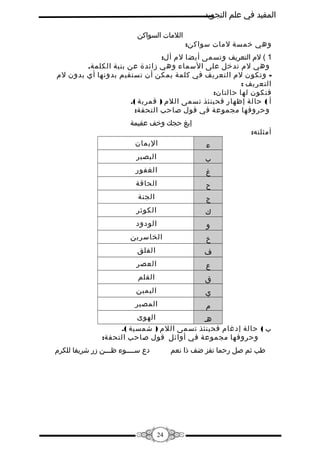 ‫المفيد في علم التجويد‬
‫وهي فخمسة لمات سواكن:‬

‫اللمات السواكن‬

‫1 ( لم التعريف وتسمى أيضا لم أل:‬
‫وهي لم تدفخل على السماء وهي زائدة عن بنية الكلمة.‬
‫ وتكون لم التعريف في كلمة يمكن أن تستقيم بدونها أي بدون لم‬‫التعريف :‬
‫فتكون لها حالتان:‬
‫أ ( حالة إظهار فحينئذ تسمى اللم ) قمرية (.‬
‫وحروفها مجموعة في قول صاحب التحفة:‬
‫إبغ حجك وفخف عقيمة‬

‫أمثلته:‬
‫ء‬

‫اليمان‬

‫:ب‬

‫البصير‬

‫غ‬

‫الغفور‬

‫ح‬

‫الحاقة‬

‫ج‬

‫الجنة‬

‫ك‬

‫الكوثر‬

‫و‬

‫الودود‬

‫خ‬

‫الخاسرين‬

‫ف‬

‫الفلق‬

‫ع‬

‫العصر‬

‫ق‬

‫القلم‬

‫ي‬

‫اليمين‬

‫م‬

‫المصير‬

‫الهوى‬
‫هـ‬
‫:ب ( حالة إدغام فحينئذ تسمى اللم ) شمسية (.‬
‫وحروفها مجموعة في أوائل قول صاحب التحفة:‬
‫دع ســــوء ظـــن زر شريفا للكرم‬

‫طب ثم صل رحما تفز ضف ذا نعم‬

‫42‬

 