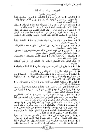 ‫المفيد في علم التجويد‬
‫أمور يجب مراعاتها عند القراءة‬
‫)لحفص عن عاصم (‬
‫1( ) ءاعجمي ( من قوله تعالى: ) ءاعجمي وعربي ( بفصلت، تقرأ‬
‫بالتسهيل أي بتسهيل الهمزة الثانية بينها وبين اللف وجها واحد‬
‫فقط ل يجوز له غيره.‬
‫2( ) مجراها ( من قوله تعالى: ) بسم ا مجراها و مرساها ( بهود،‬
‫تقرأ بالمالة أي تقترب الفتحة نحو الكسرة واللف نحو الياء.‬
‫3( ) ضعف ( من قوله تعالى : ا الذي خلقكم من ضعف ثم جعل‬
‫)‬
‫من بعد ضعف قوة ثم جعل من بعد قوة ضعفا وشيبه ( بالروم‬
‫فتقرأ في المواضع الثلثة بفتح الضاد وضمها والفتح هو المقدم‬
‫في الداء.‬
‫4( ) و يبصط ( من قوله تعالى: ) وا يقبض ويبصط ( بالبقرة، تقرأ‬
‫بالسين الخالصة.‬
‫5( ) بصطة ( من قوله تعالى: ) وزادكم في الخلق بصطه ( بالعراف،‬
‫تقرأ بالسين الخالصة.‬
‫6( ) المصيطرون ( من قوله تعالى: ) أم هم المصيطرون ( بالطور،‬
‫تقرأ بالصاد أو السين و النطق بالصاد أشهر.‬
‫7( ) بمصيطر ( من قوله تعالى: ) لست عليهم بمصيطر ( بالغاشية،‬
‫تقرأ بالصاد الخالصة.‬
‫8( حذف اللف حالة الوصل وإثباتها حال الوقف في كل من اللفاظ‬
‫التية:‬
‫) أنا ( حيث وقع في القرآن نحو قوله تعالى: ) أنا أنبئكم بتأويله (‬‫بيوسف.‬
‫) لكنا ( من قوله تعالى: ) لكنا هو ا ربي ( بالكهف.‬‫) الظنونا ( من قوله تعالى: ) وتظنون بالله الظنونا ( ، ) الرسول ( من‬‫قوله تعالى: ) وأطعنا الرسول ( ، ) السبيل ( من قوله تعالى: ) فأضلونا‬
‫السبيل ( ثلثتها في الحزاب.‬
‫) قواريرا ( بالموضع الول من قوله تعالى: ) وأكواب كانت قواريرا (‬‫بسورة الدهر أو النسان.‬
‫ هذه اللفاظ كلها تقرأ بإثبات اللف وقفا وحذفها وصل تبعا للرسم،‬‫وأما ) قواريرا ( في الموضع الثاني من قوله تعالى: ) قواريرا من‬
‫فضة ( محذوفة اللف وص ل ً ووقفا.‬
‫9( ) سلسل ( بسورة النسان في قوله تعالى: ) إنا أعتدنا للكافرين‬
‫سلسل( تقرأ وص ل ً بفتح اللم من غير تنوين وفي الوقف تقرأ إما‬
‫باللف أو بإسكان اللم والوجهان صحيحان مقروء بهما.‬
‫01( قراءة الكلمات التية بالنون وص ل ً وباللف وقفا وهي ") وليكونا ( ،‬
‫) لنسفعنا ( ، ) وإذا(" ، أما ) وليكونا ( في قوله تعالى: ) وليكونا من‬
‫الصاغرين ( بسورة يوسف، وأما ) لنسفعنا ( في قوله تعالى: ) كل‬
‫لئن لم ينته لنسفعنا بالناصية ( بسورة العلق، وأما ) إذا ( في قوله‬
‫تعالى: ) وإذا ل يلبثون خلفك إل قليل (.‬
‫11() ءاتان ( من قوله تعالى: ) فما ءاتاني ا خير مما ءاتاكم ( ، تقرأ‬
‫بفتح الياء وص ل ً وأما في الوقف ففيها وجهان إثبات الياء وحذفها.‬
‫21() السم ( من قوله تعالى: ) بئس السم الفسوق بعد اليمان ( ، إذا‬
‫ابتدأنا بها فلنا فيها وجهان أحدهما: البدء بهمزة مفتوحة فلم‬
‫05‬

 