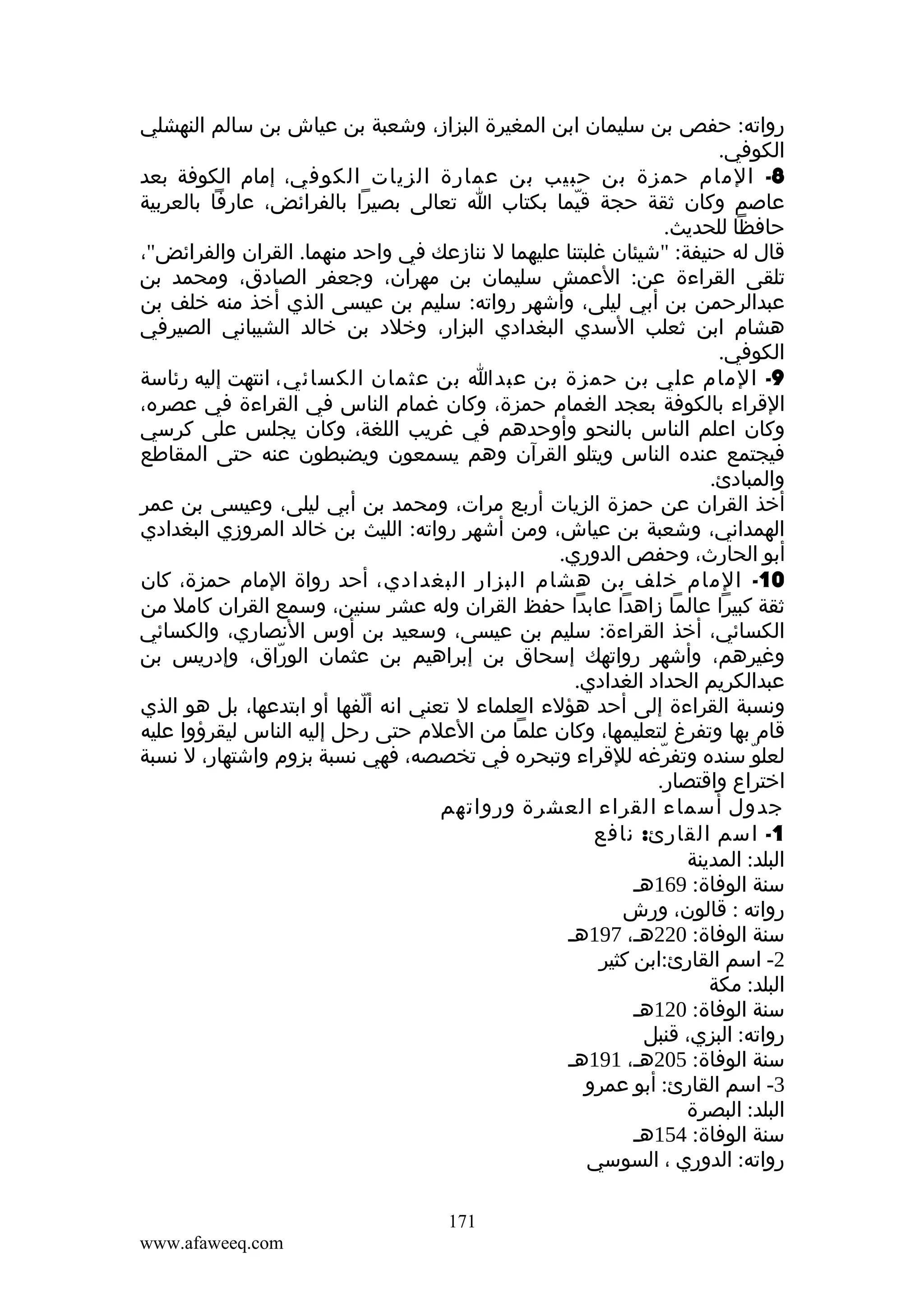 ‫رواته: حفص بن سليمان ابن المغيرة البزاز، وشعبة بن عياش بن سالم النهشلي‬
‫الكوفي.‬
‫8- المام حمزة بن حبيب بن عمارة الزيات الكوفي، إمام الكوفة بعد‬
‫عاصم وكان ثقة حجة قيما بكتاب ا تعالى بصيرا بالفرائض، عارفا بالعربية‬
‫ّ‬
‫حافظا للحديث.‬
‫قال له حنيفة: "شيئان غلبتنا عليهما ل ننازعك في واحد منهما. القران والفرائض"،‬
‫تلقى القراءة عن: العمش سليمان بن مهران، وجعفر الصادق، ومحمد بن‬
‫عبدالرحمن بن أبي ليلى، وأشهر رواته: سليم بن عيسى الذي أخذ منه خلف بن‬
‫هشام ابن ثعلب السدي البغدادي البزار، وخلد بن خالد الشيباني الصيرفي‬
‫الكوفي.‬
‫9- المام علي بن حمزة بن عبدا بن عثمان الكسائي، انتهت إليه رئاسة‬
‫القراء بالكوفة بعجد الغمام حمزة، وكان غمام الناس في القراءة في عصره،‬
‫وكان اعلم الناس بالنحو وأوحدهم في غريب اللغة، وكان يجلس على كرسي‬
‫فيجتمع عنده الناس ويتلو القرآن وهم يسمعون ويضبطون عنه حتى المقاطع‬
‫والمبادئ.‬
‫أخذ القران عن حمزة الزيات أربع مرات، ومحمد بن أبي ليلى، وعيسى بن عمر‬
‫الهمداني، وشعبة بن عياش، ومن أشهر رواته: الليث بن خالد المروزي البغدادي‬
‫أبو الحارث، وحفص الدوري.‬
‫01- المام خلف بن هشام البزار البغدادي، أحد رواة المام حمزة، كان‬
‫ثقة كبيرا عالما زاهدا عابدا حفظ القران وله عشر سنين، وسمع القران كامل من‬
‫الكسائي، أخذ القراءة: سليم بن عيسى، وسعيد بن أوس النصاري، والكسائي‬
‫وغيرهم، وأشهر رواتهك إسحاق بن إبراهيم بن عثمان الوراق، وإدريس بن‬
‫ّ‬
‫عبدالكريم الحداد الغدادي.‬
‫ونسبة القراءة إلى أحد هؤلء العلماء ل تعني انه ألفها أو ابتدعها، بل هو الذي‬
‫ّ‬
‫قام بها وتفرغ لتعليمها، وكان علما من العلم حتى رحل إليه الناس ليقرؤوا عليه‬
‫لعلو سنده وتفرغه للقراء وتبحره في تخصصه، فهي نسبة بزوم واشتهار، ل نسبة‬
‫ّ‬
‫ّ‬
‫اختراع واقتصار.‬
‫جدول أسماء القراء العشرة ورواتهم‬
‫1- اسم القارئ: نافع‬
‫البلد: المدينة‬
‫سنة الوفاة: 961هـ‬
‫رواته : قالون، ورش‬
‫سنة الوفاة: 022هـ، 791هـ‬
‫2- اسم القارئ:ابن كثير‬
‫البلد: مكة‬
‫سنة الوفاة: 021هـ‬
‫رواته: البزي، قنبل‬
‫سنة الوفاة: 502هـ، 191هـ‬
‫3- اسم القارئ: أبو عمرو‬
‫البلد: البصرة‬
‫سنة الوفاة: 451هـ‬
‫رواته: الدوري ، السوسي‬
‫171‬
‫‪www.afaweeq.com‬‬

 