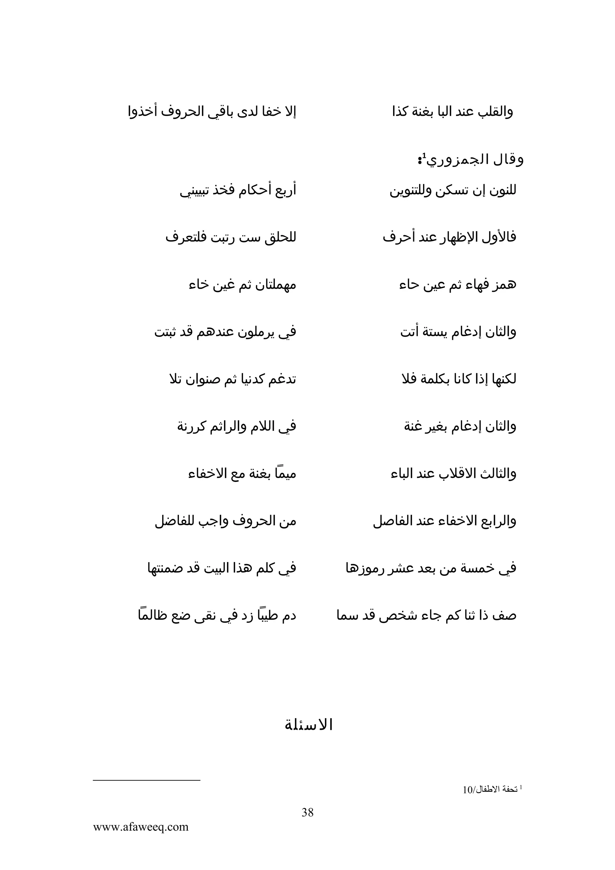 ‫إل خفا لدى باقي الحروف أخذوا‬

‫والقلب عند البا بغنة كذا‬
‫وقال الجمزوري1:‬
‫للنون إن تسكن وللتنوين‬

‫أربع أحكام فخذ تبييني‬

‫فالول الظهار عند أحرف‬

‫للحلق ست رتبت فلتعرف‬

‫همز فهاء ثم عين حاء‬

‫مهملتان ثم غين خاء‬

‫والثان إدغام يستة أتت‬

‫في يرملون عندهم قد ثبتت‬

‫لكنها إذا كانا بكلمة فل‬

‫تدغم كدنيا ثم صنوان تل‬

‫والثان إدغام بغير غنة‬

‫في اللم والراثم كررنة‬

‫والثالث القلب عند الباء‬

‫ميما بغنة مع الخفاء‬

‫والرابع الخفاء عند الفاصل‬

‫من الحروف واجب للفاضل‬

‫في خمسة من بعد عشر رموزها‬

‫في كلم هذا البيت قد ضمنتها‬

‫صف ذا ثنا كم جاء شخص قد سما‬

‫دم طيبا زد في نقى ضع ظالما‬

‫السئلة‬

‫1 قتحفة الطفال/01‬

‫83‬
‫‪www.afaweeq.com‬‬

 