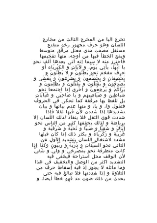 ‫تخرج اليا من المخرج الثالث من مخارج‬
‫اللسان وهو حرف مجهور رخو منفتح‬
‫مستفل مصمت مدي معتل مرقق متوسط‬
‫ويقع الخطأ فيها من أوجه، منها تفخيمها‬
‫فاحترز منه ل سيما إنه أتى بعدها ألف نحو‬
‫يا أ ي ها، يأ تي ي و م، و ل يا ت و ال ك بر ياء أو‬
‫ِْ َ‬
‫َ ٍ‬
‫َ ْ ٌ‬
‫ِ‬
‫ّ َ‬
‫حرف مفخم نحو ي ط ئو ن و ل ي ط ئو ن و‬
‫َ َُ َ‬
‫َ َُ ً‬
‫ي خ صفا ن و ي خ ص مو ن و ي ض رعو ن و ي غ شى و‬
‫َ ْ َ‬
‫َ‬
‫َ ْ َ‬
‫َ ْ ّ ُ َ‬
‫ِ‬
‫َ ْ ِ‬
‫ي ص دِ قو ن و ي ق ت لو ن و ي ق ت لو ن و ي ظ ل مو ن و‬
‫َ ِْ ُ َ‬
‫ُ َُْ َ‬
‫َ ُُْ َ‬
‫َ ْ ُ َ‬
‫ي را ك م و ي ر ج عو ن و أ حرى إذا اجتمعا نحو‬
‫ْ‬
‫َ ْ ِ ُ َ‬
‫َ َ ُ ْ‬
‫ََ َ ِ‬
‫ش يا طي ن و ص يا صي هم و يا صا ح بي و غ يا با ت‬
‫َ َِ‬
‫َ‬
‫ََ ِ ِ‬
‫ََ ِ ُ‬
‫بل تلفظ بها مرققة كما تحكى في الحروف‬
‫فتقول وا، و يا، و منها عدم بيانها و بيان‬
‫تشديدها إذا شددت لن فيها ثقل فإذا‬
‫شددت قوي الثقل فل ينقاد لذلك اللسان إل‬
‫برياضة و لذلك يخففها كثير من الناس نحو‬
‫إ يا ك و ش ق يا و صب يا و تح ي ة و شَ رق ية و‬
‫ْ ّ‬
‫َ ّ ً‬
‫َ ّ‬
‫َ ِّ‬
‫ّ َ‬
‫غ رب ية و ز ك ر يا ء و يكثر ذلك إذا كان قبلها‬
‫َ َ َّ ُ‬
‫َ ْ ّ‬
‫مشدد لشتغال اللسان بتشديد الول عن‬
‫الثاني نحو ال س ي ئا ت و ذ ر ي ة و ر ب يو ن وكذا إذا‬
‫ِّّ َ‬
‫ُ ّّ ٌ‬
‫َّّ ِ‬
‫َ ّ‬
‫كانت متطرفة نحو ب م صر خ يّ و ول ي و شق ي‬
‫ّ‬
‫ُ ْ ِ‬
‫لن الوقف محل استراحة فيخفى فيه‬
‫التشديد اكثر من الوصل والتخفيف في هذا‬
‫وما ماثله ل يجوز إذ فيه إسقاط حرف من‬
‫التلوة و إذا شددتها فل تبالغ فيه حتى‬
‫يحدث من ذلك صوت مد فهو خطأ أيضا، و‬

 