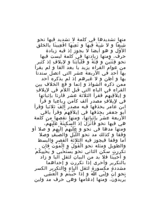 ‫منها تشديدها في كلمة ل تشديد فيها نحو‬
‫ش يعا و ل ش ي ة في ها و ت ع ي ها ا ف عيي نا بالخلق‬
‫َ ِ َ‬
‫َ َِ َ‬
‫َِ َ ِ َ‬
‫َِ‬
‫ال ول و هو أيضا ل يجوز إذ فيه زيادة‬
‫ّ‬
‫حرف، ومنها زيادتها ف ي كلمة ليست فيها‬
‫َ‬
‫نحو ف ئ ت ي ن و ف ئ ة و ف ل يأ ت نا و ليل ف إذ كثير‬
‫ِ‬
‫َََ َِ‬
‫َِ ٌ‬
‫ََِْ ِ‬
‫من عوام القراء يزيد يا بعد الفا و لم يقرأ‬
‫بها أحد في الربعة عشر التي اتصل سندنا‬
‫بها و أظن و ل غيرهم إذ لم يذكره أحد‬
‫ممن ذكره الشواذ و إنما و قع الخلف بين‬
‫ِ‬
‫القراء في الياء التي قبل اللم في ل ِ يل ف‬
‫ِ‬
‫و إي ل َفي ه م فقرأ الثلثة عشر قارئا بإثباتها‬
‫ِ ِ ْ‬
‫في لِ يل ف مصدر آلف كآمن رباعيا و قرأ‬
‫ِ‬
‫ِ‬
‫ابن عامر بحذفها فيه مصدر أ َ لِ ف ثلثيا وقرأ‬
‫َ‬
‫أبو جعفر بحذفها في إي ل َف ه م وقرأ باقي‬
‫ِ ِ ْ‬
‫الربعة عش ر بإثباتها، ومنها نقصها من كلمة‬
‫ْ‬
‫هي فيها نحو فأ ن ز ل إذ ال سكي ن ة ع ل ي ه م،‬
‫ّ َ َ ََْ ِ ْ‬
‫َ ْ َ َ‬
‫ومنها مدها في نحو و ع ل ي ه مْ إ لَ يه م و صل أو‬
‫ْ ْ‬
‫ََْ ِ‬
‫وفقا و كذلك مد نحو ال ل ي ل وال ص ي ف وصل‬
‫ّْ ِ‬
‫ّْ ِ‬
‫أما وقفا فيجوز فيه الثلثة القصر والبسط‬
‫والطويل ومثله نحو ا ل ق و ل و ا لْ م و ت فان‬
‫َ ْ َ‬
‫ْ َ ْ َ‬
‫ُ ِِْ ُ ْ‬
‫تكررت سكن الثاني نحو ي سْ ت حيي و ي ح ي ي ك م‬
‫َ َ ْ‬
‫و أ ح ي ي نا فل بد من البيان لثقل اليا و زاد‬
‫ََْْ‬
‫بالتكرير وأحرى إذا تكررت و إحداهما‬
‫مشددة مكسورة لثقل الياء والتكرير الكسر‬
‫نحو إ ن و ل يي ا و إذا ح يي ت م و ا لْ ع شي‬
‫َ ِ‬
‫ُّ ُ ْ‬
‫ُ‬
‫ّ ِّ‬
‫يري دو ن، ومنها إدغامها وهي حرف مد ولين‬
‫ُ ُ َ‬

 