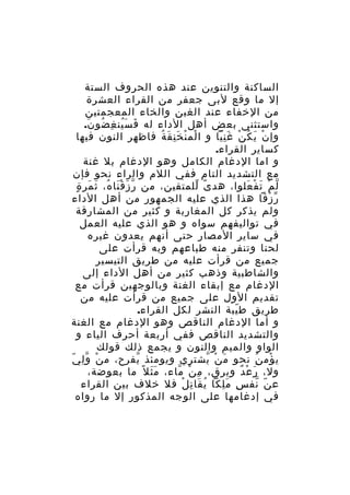 ‫الساكنة والتنوين عند هذه الحروف الستة‬
‫إل ما وقع لبى جعفر من القراء العشرة‬
‫من الخفاء عند الغين والخاء المعجمتين‬
‫واستثنى بعض أهل الداء له ف سَ ين غ ضو ن.‬
‫َ ُ ِ ُ َ‬
‫وإ ن ي ك ن غ ن يا و ا لم ن خ ن ق ة فاظهر النون فيها‬
‫ْ ْ َِ َ ُ‬
‫ْ َ ُ ْ َِّ‬
‫كساير القراء.‬
‫و اما الدغام الكامل وهو الدغام بل غنة‬
‫مع التشديد التام ففي اللم والراء نحو فإن‬
‫ّ َ َْ ُ َ َ ٍ‬
‫ل م ت ف علوا، هد ى للمتقين، من ر ز ق نا ه، ث مر ة‬
‫ً ّ‬
‫ّ ْ َ ْ َ‬
‫ر زقا هذا الذي عليه الجمهور من أهل الداء‬
‫ّ ْ‬
‫ولم يذكر كل المغاربة و كثير من المشارقة‬
‫في تواليفهم سواه و هو الذي عليه العمل‬
‫في ساير المصار حتى أنهم يعدون غيره‬
‫لحنا وتنفر منه طباعهم وبه قرأت على‬
‫جميع من قرأت عليه من طريق التيسير‬
‫والشاطبية وذهب كثير من أهل الداء إلى‬
‫الدغام مع إبقاء الغنة وبالوجهين قرأت مع‬
‫تقديم الول على جميع من قرأت عليه من‬
‫طريق ط يبة النشر لكل القراء.‬
‫ّ‬
‫و أما الدغام الناقص وهو الدغام مع الغنة‬
‫والتشديد الناقص ففي أربعة أحرف الياء و‬
‫الواو والميم والنون و يجمع ذلك قولك‬
‫ي ؤم ن نحو م ن يشتري ويومئذ يفرح، م ن و ل يّ‬
‫ْ ِّ‬
‫ّ‬
‫َ ْ ّ‬
‫ْ ُِ‬
‫ول، ر ع دٌ وبرق، م ن ماء، م ث ل ً ما بعوضة،‬
‫ََ‬
‫ِ ْ ّ‬
‫َ ْ‬
‫ع ن نف س م لكا ي قا ت ل فل خلف بين القراء‬
‫ُ َ ِ ْ‬
‫ِ َِ‬
‫ّ ّ‬
‫في إدغامها على الوجه المذكور إل ما رواه‬

 