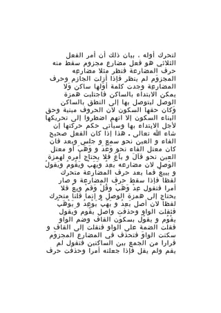 ‫لتحرك أوله ، بيان ذلك أن أمر الفعل‬
‫الثلثي هو فعل مضارع مجزوم سقط منه‬
‫حرف المضارعة فنظر مثل مضار عه‬
‫ِ‬
‫المجز وم لم ينظر فإذا أزلت الجازم وحرف‬
‫َ‬
‫المضار عة وجدت كلمة أ ولها ساكن ول‬
‫َ‬
‫َ‬
‫ِ‬
‫يمكن البتداء بالساكن فاجتلبت همزة‬
‫الوصل ليتوصل بها إلى النطق بالساكن‬
‫وكان حقها السكون لن الحروف مبنية وحق‬
‫َ‬
‫البناء السكون إل انهم اضطروا إلى تحريكها‬
‫لجل ال بتداء بها وسيأتي حكم حركتها إن‬
‫ِ‬
‫شاء ا تعالى . هذا إذا كان الفعل صحيح‬
‫الفاء و العين نحو سمع و جلس وبعد فان‬
‫كان معتل الفاء نحو و ع د و و ه ب أو معتل‬
‫َ َ َ‬
‫َ َ َ‬
‫العين نحو ق ا ل و ب ا ع فل يحتاج أمره لهمزة‬
‫َ َ‬
‫َ َ‬
‫ال وصل لن مضارعه ي ع د و ي ه ب و ي قو م و يقو لُ‬
‫َ ِ ُ َ َ ُ َ ُ ُ َ‬
‫َ‬
‫و يبي ع فما بعد حرف المضارعة متحرك‬
‫ُ‬
‫لفظا فإذا سقط حرف المضارعة و صار‬
‫أمرا فتقول ع دْ و ه ب و ق ل وق م و ب ع فل‬
‫ُ ْ َ ْ ِ ْ‬
‫َ َ ْ‬
‫ِ‬
‫يحتاج إلى همزة الوصل و إنما قلنا متحرك‬
‫َ ْ َ ُ‬
‫لفظا لن أصل ي ع د و ي ه ب ي و ع د و ي و ه ب‬
‫َ َ ُ َ ْ ِ ُ‬
‫َ ِ ُ‬
‫فثقلت الواو وحذفت واصل ي قوم ويقول‬
‫َ‬
‫ُ‬
‫ي ق وم و يق ول بسك ون القاف وضم الواو‬
‫َ‬
‫ُ‬
‫ْ ُ‬
‫فقلت الضمة على الواو فنقلت إلى القاف و‬
‫سكنت الوا و فتحذف في المضارع المجز وم‬
‫َ‬
‫َ‬
‫فرارا من الجمع بين الساكنين فتقول لم‬
‫يقم ولم يقل فإذا جعلته أمرا وحذفت حرف‬

 