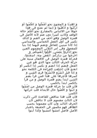 ‫و اه د نا و المفتوح نحو أ ع م لوا و ا ع ل موا أو‬
‫َْ ُ‬
‫ْ َُ‬
‫َِ‬
‫ا ر ك بوا و ا ذ ه بوا و إنما لم تفتح في هذا‬
‫ْ َُ‬
‫ْ َُ‬
‫خوفا من اللتباس بالمضارع نحو أ ع ل م حالة‬
‫َْ ُ‬
‫الوقف وكانت كسرا دون ضم لنه الصل في‬
‫همزة الوصل وهو أخف من الضم و كذلك‬
‫تكسر في أول الفعل الخماسي والسداسي‬
‫إذا كانا مبنيين للفاعل وتضم فيهما إذا بنيا‬
‫للمفعول وفي أمر الثلثي المضموم العين‬
‫نحو ا ذ ك روا نع متي، ا قت لوا أ ن ف س ك م، و‬
‫َ ْ َ ُ ْ‬
‫ْ ُ‬
‫ِ َ‬
‫ْ ُ ُ‬
‫ا خ ر جوا م ن د يا ر ك م، ا ن ق ض من ه، ا سْ ج دوا،‬
‫ُ ُ‬
‫ِ ْ َِ ِ ُ ْ ْ ُ ْ ِ ُ‬
‫ْ ُ ُ‬
‫فحركة همزة الوصل في الفعال مبنية على‬
‫حركة الحرف الثالث منها الذي هو عين‬
‫الفعل فنضم إذا انضم و تكسر إذا انكسر أو‬
‫انفتح فأن اختلفت القراءة في الكلمة نحو‬
‫و إذا قيل ا ن ش زو فا ن ش زوا قرئ الشين و‬
‫َ ْ ُ ُ‬
‫ْ ُ ُ‬
‫كسرها فأجرها على هذا فمن قرأ بضم‬
‫الشين ابتدأ بضم همزة الوصل و من قرأ‬
‫بالكسر ابتدأ بالكسر.‬
‫فأن قلت ما حركة همزة الوصل من ا م شوا‬
‫ْ ُ‬
‫و ا ب نوا و ا ق ضوا حال البتداء قلت حركتها‬
‫ْ ُ‬
‫ُْ‬
‫الكسر.‬
‫فان قلت هذا مناقض للقاعدة التي ذكرت‬
‫لن الثالث مضموم قلت ل تناقض لن‬
‫الحرف الثالث وأن كان مضموما بحسب‬
‫الظاهر فهو مكسور في الحقيقة باعتبار‬
‫الصل فأصل امشوا امشيوا وكذا أبنوا‬

 