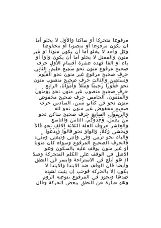 ‫مرفوعا متحركا أو ساكنا والول ل يخلو أما‬
‫ان يكون مرفوعا أو منصوبا أو مخفوضا‬
‫وكل واحد ل يخلو أما أن يكون منونا أو غير‬
‫منون والمعتل ل يخلو آما أن يكون واوا أو‬
‫ياء أو الفا فهده عشرة أقسام الول حرف‬
‫صحيح مرفوع منون نحو س مي ع ع لي م، الثاني‬
‫َ ِ ٌ ِ ٌ‬
‫َّ ُ‬
‫حرف صحيح مرفوع غير منون نحو ا لْ ق يو م‬
‫و ن س ت عين والثالث حرف صحيح منصوب منون‬
‫َ َْ ِ‬
‫نحو غ ف و را ر حيما و م ث ل ً و أ َ م وا تا، الرابع‬
‫ْ َ َ‬
‫ََ‬
‫َ ُ ً َ ِ‬
‫ُ ُ َ‬
‫حرف صحيح منصوب غير منون نحو يؤم نو ن‬
‫وا لم ت قو ن، الخامس حرف صحيح مخفوض‬
‫ْ ّ ُ َ‬
‫منون نحو في ك تا ب مبي ن، السادس حرف‬
‫َ ٍ ُ ٍ‬
‫صحيح مخفوض غير منون نحو لله‬
‫وال رس و ل، السابع حرف صحيح ساكن نحو‬
‫ّ ُ ِ‬
‫م ن ي ع م ل، و ع دُ و ك م، الثامن والتاسع‬
‫َ ْ ّ ْ َ ْ َ َ ّ ُ ْ‬
‫والعاشر حروف العلة الثلثة اللف نحو قا ل َ‬
‫َ‬
‫و ي خ شى و ك ل، والواو نحو قال وا و ي د عوا‬
‫َ ُ ََ ْ ُ‬
‫َ ْ َ‬
‫َ َ ّ‬
‫والياء نحو ت ر مي و في وإ ن ني و ت ب ع ني و م ني:‬
‫ِّ‬
‫َِ َِ‬
‫ِّ‬
‫ِ‬
‫ْ ِ‬
‫فالحرف الصحيح المرفوع وسواء كان منونا‬
‫أو غير منون يوقف عليه بالسكون وهو‬
‫الصل في الوقف على الكلم المتحركة وصل‬
‫اذ هو أبلع في الست راحة وايسر في النطق‬
‫ُ‬
‫وأيضا فان الوقف ضد البتدا والبتدا ل‬
‫يكون إل بالحركة فوجب إن يثبت لضده‬
‫ضدها ويجوز في المرفوع بنو عيه ال روم‬
‫ّ‬
‫ِ‬
‫وهو عبارة عن النطق ببعض الحركة وقال‬

 