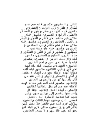 ‫الثاني و العشرون مكسور قبله ضم نحو‬
‫ت شا ور و ظ ف ر و ز ب ر، الثالث و العشرون‬
‫ُُ ِ‬
‫ُ ُ ٍ‬
‫َ َ ُ‬
‫مكسور قبله فتح نحو س ف ر و ب ن ه ر و ال م سَ خّ رِ‬
‫ُ‬
‫َ َ ٍ‬
‫َ َ ٍ‬
‫وال ض ر ر، الرابع و العشرون مكسور قبله‬
‫ّ َ ِ‬
‫ساكن غير مدغم نحو خ ض ر و ا لْ فَ ج ر و ا ل ب ح ر‬
‫َْ ْ ِ‬
‫َ ِ‬
‫ُ ْ ِ‬
‫و بال ص ب ر، الخامس و العشرون مكسور قبله‬
‫ّْ ِ‬
‫ساكن مدغم نحو م ضا ر وا لب ر، السادس و‬
‫ْ ّ‬
‫ُ َ ّ‬
‫العشرون مكسور قبله واو مدية نحو‬
‫م س طو ر و م ن شو ر و نو ر و ال نو ر و ال ص دور و‬
‫ّ ُ‬
‫ّ ِ‬
‫ُ ٍ‬
‫َْ ُ ٍ‬
‫َ ْ ُ ٍ‬
‫م تا ع ا ل غ رو ر، السابع و العشرون مكسور‬
‫ََ ُ ْ ُ ُ ِ‬
‫قبله واو لينية، الثامن و العشرون مكسور‬
‫قبله يا مدية نحو نصير و لحم ا لخ نزير،‬
‫ْ ْ‬
‫َ‬
‫َ‬
‫التاسع و العشرون مكسور قبله ياء لينية‬
‫نحو خ ي ر و غ ي ر، الثلثون مكسور قبله ألف‬
‫َْ ِ‬
‫َْ ٍ‬
‫ِ ْ َ ٍ‬
‫ممالة كهذه المثلة نحو من أ ن صار و بق ن طا ر‬
‫ْ َ‬
‫و ك فا ر و الب صا ر و ال ن ها ر و ال نا ر عند من‬
‫ّ ِ‬
‫ّ َ ِ‬
‫َ ِ‬
‫َ ّ ٍ‬
‫قال بإمالتها كورش والبصري، الحادي‬
‫والثلثون مكسور قبله ألف غير ممالة كهذه‬
‫المثلة عند من لم يقل بإمالتها كقالون‬
‫والمكي . فهذه إحدى وثلثون نوعا كل‬
‫واحد منها ينقسم إلى نوعين منون وغير‬
‫منون كما تقدمت الشارة إليه بالتمثيل‬
‫فمضى اثنان وستون نوعا الثالث والستون‬
‫َ ْ ُ ْ َ َ ْ‬
‫ساكان لزم قبله ضم فا ن ظ ر ف ل َ ت ك ف ر ف م ن‬
‫َ ْ ُ ْ َ‬
‫ي ك ف ر الرابع و الستون ساكن لزم قبله فتح‬
‫َ ْ ُ ْ‬
‫نحو فل ت ق ه ر ف ل َ ت ن ه ر و ل ي س خ ر الخامس‬
‫َ ْ َ ْ‬
‫َْ َ ْ‬
‫َ َ ْ َ ْ َ‬

 