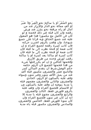 ‫َْ ْ‬
‫نحو ال ش ع ر أو يا ساكنة نحو ا ل عي ر و ل َ ض ي ر‬
‫ْ ِ ْ‬
‫ّ ْ ْ‬
‫أو ألف ممالة نحو ال دا ر وال ب رار عند من‬
‫ْ َ‬
‫ّ ْ‬
‫أمال أو راء مرققة نحو ب ش رَ ر عند ورش‬
‫َ ْ‬
‫رققته وان كان قبله غير ذلك فخمته و لو‬
‫كان في الصل مع مكسورا هذا هو المعول‬
‫عليه عند جميع الحذاق وبه قرأنا على جميع‬
‫شيوخنا، وان وقفت بالروم اعتبرت حركته‬
‫فان كانت كسرة رققته لجميع القراء و إن‬
‫كانت ضمة أو فتحة نظرت إلى ما قبله فان‬
‫كانت ضمة أو فتحة نظرت إلى ما قبله فأن‬
‫كانت كسرة أو ساكنا بعد كسرة أو يا ساكنة‬
‫رققت لورش وحده من طريق الزرق‬
‫وفخمتها للباقين و إن لم يكن قبلها شيء‬
‫من هذا فخمتها للجميع لن ال روم حكمه‬
‫ّ‬
‫حكم الوصل. شرط أن يتقدم الساكن كسر‬
‫والتاسع عشر والعشرون مكسور قبله ألف‬
‫عند من يميل اللف منون وغير منون وسواء‬
‫وقف عليه بالسكون أو ال روم، الحادي‬
‫ّ‬
‫والعشرون والثاني والعشرون مضموم قبله‬
‫يا مدية بنوعيه إن وقف عليه بالسكون ون‬
‫أو الشمام فلجميع القراء وان وقف عليه‬
‫بالروم فلورش فقط، الثالث والعشرون‬
‫والرابع والعشرون مفتوح قبله يا مدية إل‬
‫انه إن كان غير منون فلجميع القراء وان‬
‫كأن منونا فلورش فقط، الخامس والعشرون‬
‫والسادس والعشرون مكسور قبله ياء مدية‬

 