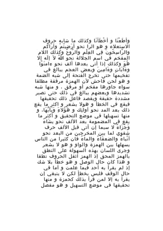 ‫وأ ط ع نا و أ خ طأ نا وكذلك ما شابه حروف‬
‫ْ َ َ‬
‫َ َْ‬
‫الستعلء و هو الرا نحو أ ر ضي ت م وأ را كم‬
‫َ ُ‬
‫َ ِ ُ ْ‬
‫وال را س خو ن في ال ع ل م وال رو ح وكذلك اللم‬
‫ّ ُ‬
‫ِْ ِ‬
‫ّ ِ ُ َ ِ‬
‫المفخم في اسم الجللة نحو ا ل َ إ له إل‬
‫َ‬
‫ُ‬
‫ه و وكذلك إذا أتى بعدها ألف نحو ءام ن وا‬
‫َ ُ‬
‫ُ َ‬
‫و ءا يا ت و ءا مي ن وبعض العجم يبالغ في‬
‫َ ِ َ‬
‫َ َ ٍ‬
‫تفخيمها حتى تخرج الفتحة إلى شبه الضمة‬
‫و هو لحن فاحش لن الهمزة مرققة مطلقا‬
‫سواء جاورها مفخم أو مرقق ، و منها شبه‬
‫تشديدها وبعضهم يبالغ في ذلك حتى تصير‬
‫مشددة حقيقة ويقصد فاعل ذلك تحقيقها‬
‫فيقع في الخطأ و هول يشعر و اكثر ما يقع‬
‫ذلك بعد المد نحو أول ئك و ه ؤل ء و يأ ي ها، و‬
‫َ ُ َِ َ َ ّ َ‬
‫ِ‬
‫منها تسهيلها في موضع التحقيق و أكثر ما‬
‫َ ُ‬
‫يقع في المضمومة بعد اللف نحو ي شا ء‬
‫و ج زا ء ل سيما إن أتى قبل اللف حرف‬
‫َ َ َ ُ‬
‫شفوي لما بين المخرجين من البعد نحو‬
‫أ نبا ء والضع فا ء والما ء فان كثيرا من الناس‬
‫ُ‬
‫َ ُ‬
‫ْ ُ‬
‫يسهلها بين الهمزة والواو و هو ل يشعر‬
‫وجرى اللسان بهذه السهولة على النطق‬
‫بالهمز المحق إذ الهمز اثقل الحروف نطقا‬
‫و هذا كان حال الوصل و هو خطأ بل شك‬
‫إذ لم يقرأ به أحد فيما علمت و أما في‬
‫حال الوقف فليس بخط أ لكن ل ينبغي إن‬
‫ٍ‬
‫يقرأ به إل لمن قرأ بذلك كحمزة و منها‬
‫تحقيقها في موضع التسهيل و هو مفصل‬

 