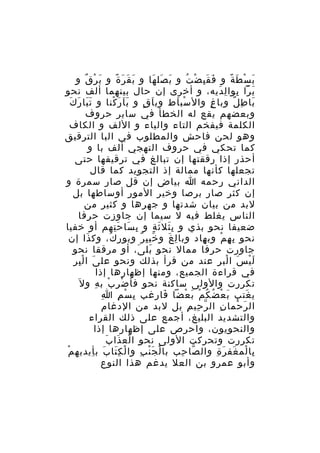 ‫ب س ط ة و ف ق ب ض ت و ب صل ها و ب ق ر ة و ب ر ق و‬
‫َ ْ ٌ‬
‫َ َ َ ً‬
‫َ َ َ‬
‫َ َِ ْ ُ‬
‫َ ْ َ ً‬
‫ب را بوا ل ديه، و أخرى إن حال بينهما ألف نحو‬
‫َ ّ ِ ِ َ‬
‫ََ َ َ‬
‫با ط ل وبا غ وال سب اط وب ا ق و ب ا ر كنا و ت با ر ك‬
‫ََ َ ْ‬
‫َ ٍ‬
‫ْ َ‬
‫ٍ‬
‫َ ِ ٌ‬
‫وبعضهم يقع له الخطأ في ساير حروف‬
‫الكلمة فيفخم التاء والياء و اللف و الكاف‬
‫وهو لحن فاحش والمطلوب في البا الترقيق‬
‫كما تحكي في حروف التهجي ألف با و‬
‫أحذر إذا رققتها إن تبالغ في ترقيقها حتى‬
‫تجعلها كأنها ممالة إذ التجويد كما قال‬
‫الداني رحمه ا بياض إن قل صار سمرة و‬
‫إن كثر صار برصا وخير المور أوساطها بل‬
‫لبد من بيان شدتها و جهرها و كثير من‬
‫الناس يغلط فيه ل سيما إن جاوزت حرفا‬
‫ضعيفا نحو بذي و ب ثل ث ة و ب سا حَ تهم أو خفيا‬
‫ِ َ ِ‬
‫َِ َ ٍ‬
‫نحو ب ه م وب هاد وبا ل غ و خب ي ر وبو ر ك، وك ذا إن‬
‫َ‬
‫ِ َ‬
‫َ ِ ٌ‬
‫ِ َ‬
‫ِ‬
‫ِ ِ ْ‬
‫جاورت حرفا ممال نحو بل ى، أو مرققا نحو‬
‫َ َ‬
‫ل ي س ا لب ر عند من قرأ بذلك ونحو عل ى ا لْ بر‬
‫َ ِ‬
‫َْ َ ْ ِ‬
‫في قراءة الجميع، ومنها إظهارها إذا‬
‫تكررت والولى ساكنة نحو فأ ض ر ب ب ه و ل َ‬
‫ْ ِ ْ ِ‬
‫ِ‬
‫ي غتب ب ع ض ك م ب عضا فارغب ب سْ م ا‬
‫ِ‬
‫ِ‬
‫َ‬
‫َ ْ ُ ُ ْ َ ْ‬
‫َ‬
‫ال ر حما ن ال ر حي م بل لبد من الدغام‬
‫ّ ِ ِ‬
‫ِ‬
‫َ ْ‬
‫والتشديد البليغ، أجمع على ذلك القراء‬
‫والنحويون، واحرص على إظهارها إذا‬
‫تكررت وتحركت الولى نحو ا لع ذا بَ‬
‫ْ َ‬
‫با لم غف ر ة وال صا حب با ل ج ن ب وا ل ك تا بَ ب أيديه م‬
‫ْ‬
‫ِ‬
‫ْ َِ‬
‫ْ َْ ِ‬
‫ّ ِ‬
‫ِ ْ َ َ ِ‬
‫وأبو عمرو بن العل يدغم هذا النوع‬

 
