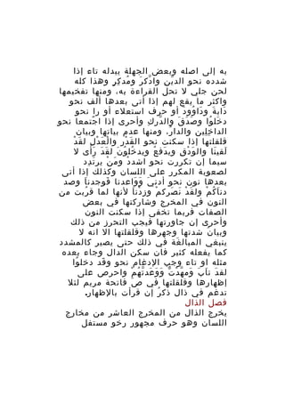 ‫به إلى اصله وبعض الجهلة يبدله تاء إذا‬
‫شدده نحو الد ي ن وا دك ر و مد ك ر وهذا كله‬
‫ُ ِ ٍ‬
‫ّ َ‬
‫ّ ِ‬
‫لحن جلي ل تحل القراءة به، ومنها تفخيمها‬
‫واكثر ما يقع لهم إذا أتى بعدها ألف نحو‬
‫داب ة و دا وو د أو حرف استعلء أو را نحو‬
‫َ َ َ ُ َ‬
‫د خل وا و ص د ق وال در ك وأحرى إذا ا جتمعا نحو‬
‫ً‬
‫ّ ِ‬
‫َ َ َ‬
‫َ ُ‬
‫الدا خ لين والدا ر، ومنها عدم بياتها وبيان‬
‫ُ‬
‫ِِ‬
‫ْ‬
‫قلقلتها إذا سكنت نحو ال ق د ر وا ل ع د ل ل قَ د‬
‫ْ َ ْ ِ‬
‫َ ْ ِ‬
‫لقي نا وال و د ق وي دف ع ويد خل و ن ل قَ د رأى ل‬
‫َ َ‬
‫ُ ُ َ‬
‫َ ُ‬
‫َ ْ ِ‬
‫َ َ‬
‫سيما إن تكررت نحو اشد د و م ن ير ت دد‬
‫َ ِ‬
‫َ ْ‬
‫ْ‬
‫لصعوبة المكرر على اللسان وكذلك إذا أتى‬
‫بعدها نون نحو أدن ي و واعدنا فوجدن اَ وصد‬
‫َ‬
‫َ َ َ‬
‫دن ا ك م ول ق دْ ن صرك م و ز دن ا لنها لما ق ربت من‬
‫ُ‬
‫ْ ِ ْ َ‬
‫َ َ َ‬
‫َ ُ ْ‬
‫النون في المخرج وشاركتها في بعض‬
‫الصفات فربما تخفى إذا سكنت النون‬
‫وأحرى إن جاورتها فيجب التحرز من ذلك‬
‫وبيا ن شدتها وجهرها وقلقلتها ال انه ل‬
‫ُ‬
‫ينبغي المبال غة في ذلك حتى يصير كالمشدد‬
‫َ‬
‫كما يفعله كثير فان سكن الدال وجاء بعده‬
‫مثله او تاء وجب الدغام نحو و قد دخل وا‬
‫ُ‬
‫َ‬
‫لق دَ ت ا ب وم ه دْ ت و و عد ت ه م واحرص على‬
‫َ َ َ ّ ّ َ َ َ ّ ُ ْ‬
‫إظهارها وقلقلتها في ص فاتحة مريم لئل‬
‫َ‬
‫تدغم في ذال ذك ر إن قرأت بالظهار.‬
‫ُ‬
‫فصل الذال‬
‫يخرج الذال من المخرج العاشر من مخارج‬
‫اللسان وهو حرف مجهور رخو مستفل‬

 