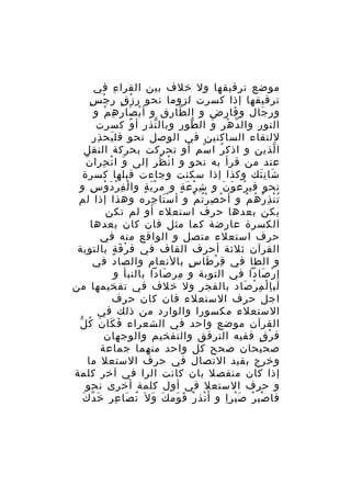 ‫موضع ترقيقها ول خلف بين القرا ء في‬
‫ِ‬
‫ترقيقها إذا كسرت لزوما نحو ر ز ق ر ج سٍ‬
‫ِ ْ ٍ ِ ْ‬
‫و ر جال و فا ر ض و ال طا رق و أ ب صا ر ه م و‬
‫ْ َ ِ ِ ْ‬
‫ّ ِ‬
‫َ ِ ِ‬
‫ِ َ‬
‫النو ر وال دّ ه ر و ال طو ر وبال نذ ر أ و كسرت‬
‫ّ ِ ً‬
‫ّ ِ‬
‫ْ ِ َ‬
‫ِ‬
‫للتقاء الساكنين في الوصل نحو فل يح ذر‬
‫َ ِ‬
‫ا لذين و اذك ر ا سم أو تحركت بحركة النقل‬
‫ْ‬
‫ُ‬
‫ّ‬
‫ّ‬
‫عند من قرأ به نحو و ا ن ظ ر إلى و ا ن حرا ن‬
‫َ ْ ِ‬
‫ْ ُ ِ‬
‫شا ن ئك وكذا إذا سكنت وجاءت قبلها كسرة‬
‫َ َِ‬
‫نحو في رع و ن و ش ر ع ة و م ر ي ة وا لْ فِ ر د و س و‬
‫ْ َ ْ ِ‬
‫َْ ٍ‬
‫ِ ْ َ ٍ‬
‫ْ َ َ‬
‫ت ن ذِ ر ه م و أ ح ص ر ت م و أ س تا جره وهذا إذا لم‬
‫َْ ِ‬
‫ْ ِ ُْ ْ‬
‫ُْ ْ ُ ْ‬
‫يكن بعدها حرف استعلء أو لم تكن‬
‫الكسرة عارضة كما مثل فان كان بعدها‬
‫حرف استعلء متصل و الواقع منه في‬
‫القرآن ثلثة أحرف القاف في ف ر ق ة بالتوبة‬
‫ْ َ ٍ‬
‫و الطا في ق ر طا س بالنعام والصاد في‬
‫ٍ‬
‫ِ ْ َ‬
‫إ ر صادا في التوبة و مر صادا بالنبأ و‬
‫ِ َ‬
‫ْ َ‬
‫لب ا ل م ر صاد بالفجر ول خلف في تفخيمها من‬
‫َ ِْ ِ ْ َ‬
‫اجل حرف الستعلء فان كان حرف‬
‫الستعلء مكسورا والوارد من ذلك في‬
‫َ َ َ ُ ّ‬
‫القرآن موضع واحد في الشعراء ف كا ن ك ل‬
‫ف ر ق ففيه الترقق والتفخيم والوجهان‬
‫ْ ٍ‬
‫صحيحان صحح كل واحد منهما جماعة‬
‫وخرج بقيد التصال في حرف الستعل ما‬
‫إذا كان منفصل بان كانت الرا في آخر كلمة‬
‫و حرف الستعل في أول كلمة أخرى نحو‬
‫ّ َ‬
‫فا صب ر ص بر ا و أ َ نذ ر ق وم ك و ل َ ت صا عر خَ د ك‬
‫ُ َ ِ‬
‫ْ ْ َ َ َ َ‬
‫ْ ْ َْ ِ‬

 