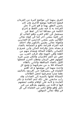 ‫الفرق بينهما في مواضع كثيرة من القرءان‬
‫فيضع إحداهما موضع الخرى وان كان‬
‫يحسن النطق بهما و هو لحن ل تحل‬
‫القراءة به إذ فيه تغيير اللفظ و إخراج‬
‫الكلمة عن معناها أما إلى لفظ غير‬
‫مستعمل في كلم العرب وهو الغالب أو‬
‫إلى كلمة بمعنى أخر كما في قوله تعالى‬
‫ال ظا لي ن يصير بمعنى الدايمين أو الصابرين‬
‫ّ ّ َ‬
‫وكقوله تعالى ب ض ني ن بالتكوير وقد اختلف‬
‫ِ َِ ٍ‬
‫فيه القراء فقراءة نافع و الجماعة بالضاد‬
‫و معناه بخيل وقراءة المكي وأبي عمرو و‬
‫الكسائي بالظاء المثالة ومعناه متهم من‬
‫الظنة وهي التهمة وقد فرقت العرب بين‬
‫عض ذي الفم كالنسان والكلب وبين غيره‬
‫كقولهم عض الزمان وعظت الحرب فجعلوا‬
‫الول بالضاد الساقطة والثاني بالظاء‬
‫المشالة فل بد من معرفتهما و وضع كل‬
‫واحدة منهما في موضعها و قد اهتم‬
‫العلماء في بتميزهما حتى افردوه بالتأليف‬
‫نظما ونثرا وتعرضوا لحصر الظاءات‬
‫المشالة لقلتها بالنسبة إلى الضادات وقد‬
‫رأيت متابعتي على ذلك لتتم الفائدة و تكثر‬
‫العايدة و لنبه على أوهام وقعت لبعضهم‬
‫فيها و قلده من بعضهم بعدهم من غير‬
‫تأمل وهو واقع لكثير من العلماء في كل‬
‫فن وا تعالى الموفق.‬

 