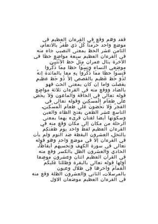 ‫فقد وهم وقع في القرءان العظيم في‬
‫موضع واحد ح رم ن ا ك ل ذي ظف ر بالنعام.‬
‫ُ ُ‬
‫َ ّ َْ ُ ّ‬
‫الثامن عشر الحظ بمعنى النصيب جاء منه‬
‫في القرءان العظيم سبعة مواضع ح ظا في‬
‫َ‬
‫ََْْ ِ‬
‫الخ رة بئال عمران مث ل حظ ال ن ث ي ي ن‬
‫ِ ُ‬
‫َ‬
‫موضعي النساء ون س وا حظا م ما ذ كروا‬
‫ِ َ ُ ُ‬
‫َ ُ‬
‫ُ‬
‫فن س وا ح ظا م ما ذ ك روا ب ه معا بالمائدة إن ه‬
‫ِ ِ‬
‫َ ُ ّ ُ‬
‫َ‬
‫َ َ ُ‬
‫ِ ٍ‬
‫ل ذو حظ عظيم بالقصص إ ل َ ذو حظ ع ظي م‬
‫َ‬
‫ُ‬
‫َ‬
‫َ‬
‫ُ‬
‫بفصلت واما إن كان بمعنى الحث فهو‬
‫بالضاد ووقع منه في القرءان ثلثة مواضع‬
‫قوله تعالى في الحاقة والماعون و ل َ ي حض‬
‫ُ‬
‫َ‬
‫ع لى ط ع ام ا لم س كي ن وقوله تعالى في‬
‫ْ ْ ِ ِ‬
‫ََ‬
‫َ‬
‫الفج ر ول ت حضو ن عل ى طع اَ م ا لم س كي ن.‬
‫ِ ْ ْ ِ ِ‬
‫َ َ َ‬
‫ُ‬
‫ُ َ‬
‫التاسع عشر الظعن بفتح الظاء والعين‬
‫وسكونها أيضا لغتان قرىء بهما بمعنى‬
‫الرحلة من مكان إلى مكان وقع منه في‬
‫َ ِ ْ‬
‫القرءان العظيم لفظ واحد ي و م ظ عن ك م‬
‫َ َ‬
‫بالنحل. العشرون اليقظة ضد النوم ولم يأت‬
‫في القرءان إل في موضع واحد وهو قوله‬
‫تعالى في سورة الكهف و تحس ب هم أيقاظا.‬
‫ِ ُ‬
‫َ‬
‫الحادي والعشرون الظل بالكسر وقع منه‬
‫في القرآن العظيم اثنان وعشرون موضعا‬
‫َ ُ ْ‬
‫أولها قوله تعالى بالبقرة وظللنا علي ك م‬
‫َ‬
‫ا لغم ا م وآخرها في ظلل وعيون‬
‫ِ‬
‫َ َ‬
‫ْ‬
‫بالمرسلت. الثاني والعشرون الظلة وقع منه‬
‫في القرءان العظيم موضعان الول‬

 