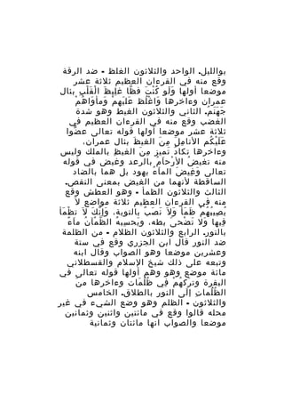 ‫بوالليل. الواحد والثلثون الغلظ - ضد الرقة‬
‫وقع منه في القرءان العظيم ثلثة عشر‬
‫موضعا أولها و لو ك ن ت ف ظا غ لي ظ ا لْ قَ ل ب بئال‬
‫ْ ِ‬
‫ِ َ‬
‫ّ‬
‫ََ ُْ َ‬
‫َ َ ْ َ َ ُ ْ‬
‫عمران وءاخرها وا غ لظ عل يه م ومأ وا ه م‬
‫َ ُْ‬
‫ج ه ن م. الثاني والثلثون الغيط وهو شدة‬
‫َ ََ ُ‬
‫الغضب وقع منه في القرءان العظيم في‬
‫ثلثة عشر موضعا أولها قوله تعالى ع ضوا‬
‫ّ‬
‫ع ل ي كم النا م ل م ن الغي ظ بئال عمران،‬
‫َ‬
‫ِ َ ِ َ‬
‫ََْ ُ‬
‫وءاخرها تكا د تميز م ن الغي ظ بالملك وليس‬
‫ِ‬
‫ِ َ‬
‫ُ َ‬
‫منه تغي ض ال رح ا م بالرعد وغيض في قوله‬
‫ْ َ ُ‬
‫ُ‬
‫تعالى و غي ض الم ا ء بهود بل هما بالضاد‬
‫َ ُ‬
‫َ‬
‫َ ِ‬
‫الساقطة لنهما من الغيض بمعنى النقص.‬
‫الثالث والثلثون الظمأ - وهو العطش وقع‬
‫منه في القرءان العظيم ثلثة مواضع ل َ‬
‫ي صي ب ه م ظ مأ و ل َ ن ص ب بالتوبة، وإ ن ك ل َ ت ظ مأ‬
‫ْ َ‬
‫َ ّ َ‬
‫َ َ ٌ‬
‫ُ ِ ُ ُ ْ َ َ َ‬
‫ّ ْ ُ َ ً‬
‫فيها ول ت ضح ى بطه، و يح سب ه ال ظ مآ ن م ا ء‬
‫ِ ُ‬
‫َ‬
‫َ‬
‫َ َ ْ‬
‫ِ‬
‫بالنور. الرابع والثلثون الظلم - من الظلمة‬
‫ضد النور قال ابن الجزري وقع في ستة‬
‫وعشرين موضعا وهو الصواب وقال ابنه‬
‫وتبعه على ذلك شيخ السلم والقسطلني‬
‫مائة موضع وهو وهم أولها قوله تعالى في‬
‫َ‬
‫البقرة وت رك ه م في ظ ل مات وءاخرها م ن‬
‫ُُ َ‬
‫َ ُ ْ ِ‬
‫ال ظ لما ت إ لى النو ر بالطلق. الخامس‬
‫ِ‬
‫ِ َ‬
‫ُ َُ‬
‫والثلثون - الظلم وهو وضع الشيء في غير‬
‫محله قالوا وقع في مائتين واثنين وثمانين‬
‫موضعا والصواب انها مائتان وثمانية‬

 