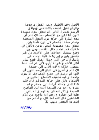 ‫الصل وهو الظهار ونون الفعل مرفوعة‬
‫والرفع ثقيل فخفف بالختلس ويوافق‬
‫الرسم تقديرا. الثاني إن تنطق بنون مشددة‬
‫كنون أنا لكن مع الشمام بعد الدغام أو‬
‫معه إشارة إلى حركة نون الفعل المدغمة‬
‫وتعلم صفة الشمام في نون تأمنا بان‬
‫تنطق بنون مضمونة كنوني نومن و تأ م ل في‬
‫َ ّ ْ‬
‫ِ ْ‬
‫شفتيك فما تجده حال نطقك بنومن م ن‬
‫وضع شفتيك إحداهما على الخرى من غير‬
‫تلصق بليغ و إبرازهما قليل اجعله في‬
‫تأمنا. قال في النثر وبهذا القول قطع ساير‬
‫أهل الداء و هو اختياري لني لم أجد نصا‬
‫يقتضي خلفه و لنه اقرب إلى حقيقة‬
‫الدغام و أصرح في اتباع الرسم انتهى أي‬
‫لنها لم ترسم في جميع المصاحف إل بنون‬
‫واحدة و فيه تخفيف لجتماع المثلين و‬
‫الشمام دليل على حركة المدغم فأن قلت‬
‫هذا الذي جعلته قراءة ابي جعفر و لم‬
‫يقرء به أحد من السبعة أثبته لبن الفاصح‬
‫للسبعة و ذكر انه قرأ به لهم و انه نص‬
‫عليه ابن جباره و زعم انه مأخوذ من كلم‬
‫الشاطبي قال لنه لما قال: و أ دغم مع‬
‫ْ‬
‫َ ّ‬
‫إشمامه البعض عنهم، د ل‬
‫) 03/1(‬

 
