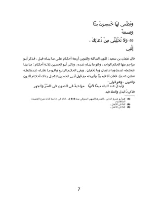 ‫ونظيمي له ا خيمسون بيتا‬
‫ظَ‬
‫ظَ ظَ‬
‫ظَ يمْ‬
‫
ٌ‬
‫وتسعة‬
‫95- ول تخليني من داع ائك ،‬
‫َيِ يمْ ُ َيِ ظَ‬
‫ُ يمْ َيِ ظَ يِّ‬
‫إ َيِنني‬
‫نَّ َيِ‬
‫ق ال اعثيم ان بن سعيد : للنون الس اكنة والتنوين أربعة أحكك ام اعلكى مك ا بينك اه قبكل ، فكذكر أبكو‬
‫ك‬
‫ك ك‬
‫ك‬
‫مزاحم منه ا الحكم الواحد ، وهو م ا بينك اه اعنكده ، وذككر أبكو الحسكين ةثلةثكة أحكك ام : مك ا بينك ا‬
‫اعنه]لعله اعنده[ وم ا تدغيم ان وم ا تخفي ان . وبقي الحككم الرابكع وهكو مك ا نقلنك اه اعنكده]لعلكه‬
‫ك‬
‫ك‬
‫ك‬
‫ك ك‬
‫ك‬
‫ك‬
‫تقلب ان اعنده[ ، فقلت أن ا فيه بيتا وأدرجته مع قول أب كي الحس كين لتكيم كل بكذلك أحك ك ام الن كون‬
‫ك‬
‫ك‬
‫ك ك‬
‫ك‬
‫ك‬
‫والتنوين ، وهو قولي :‬
‫و تبد ل اعند الب اء مييما لن ه ا‬
‫نَّ‬
‫ُ‬
‫ُ‬

‫َيِ‬
‫مؤاخي ة في الصو ت في ال س ر والجه ر‬
‫يِّ يِّ‬
‫َيِ‬
‫
ٌ‬

‫فذكرت البدل والعلة فيه.‬
‫ُ‬
‫كككككككككككك‬

‫) 1( هو أبو اعيمرو الداني ، اليمقرئ الشهير اليمتوفى سنة 444 هك ، ق اله في خ اتيمة كت ابه شرح القصيدة‬
‫الخ اق انية .‬
‫) 2( كذا في الصل .‬
‫) 3( كذا في الصل .‬

‫7‬

 