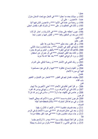 ‫عملوا‬
‫391- و سيئآت بعد ه ما عملوا *** في النحل مع تحت الدخان منزل‬
‫عندنا – فاعبدون – على أن‬
‫491- و رحمة من عندنا في النبيا *** و فاعبدون اثنان فيها أتيا‬
‫591- و ثالث في العنكبوت و على *** أن تشرك الفرد بلقمان انجلى‬
‫عيون‬
‫691- عيون اعطفه على جنات *** في الذاريات و احذر الزلت‬
‫791- من بعد إن المتقين وقعا *** و الطور فيها و نعيم و تبعا‬
‫باب الغين‬
‫غفور حليم‬
‫891- و قل غفور بعد ه حليم *** اربعة حررها عليم‬
‫991- اولها في اللغو في اليمان *** و بعد ه فاحذرو ه جاء الثاني‬
‫002- كلهما قد أتيا في البقرة *** بالعفو و البشرى لمن قد حذر ه‬
‫102- و ثالث بعد التقى الجمعان *** في آل عمران عن استيقان‬
‫202- و ورد الرابع في العقود *** بعد عفا ال بل مزيد‬
‫الغني‬
‫302- و ربك الغني في النعام *** ذو رحمة الباقي على الدوام‬
‫غافلون‬
‫402- و أهلها يا وصاح غافلونا *** فيها و قل في هود مصلحونا‬
‫فيها أي سورة النعام‬
‫غلمان‬
‫502- يطوف غلمان لهم في الطور *** فاحذر من التبديل و التغيير‬
‫باب الفاء‬
‫فمن‬
‫602 – و اقرأ فمن أظلم في النعام *** أعني الخيرين بل إيهام‬
‫702- و ثالث في آي العراف ورد *** و رابع في يونس قد انفرد‬
‫802- و خامس في الكهف جاء أول *** و سادس في زمر قد تنزل‬
‫فرعون‬
‫902- فرعون آمنتم به مسما *** في سورة العراف يحكي النجما‬
‫012- و في سواها قال آمنتم له *** باللم فاحفظه فما أجله‬
‫فسوف‬
‫112- و بعد ه فسوف تعلمونا *** و الشعراء اللم زد يقينا‬
‫212- و بعد إني عامل فسوف قر *** في سورة النعام ثم في الزمر‬
‫312- و جاء سوف تعلمون مفردا *** في هود اتقن حفظه مرددا‬
‫فل‬
‫412- و اقرأ فل تعجبك بالفاء سما *** معه و ل أولدهم مقدما‬
‫512- و جاء في الثاني و ل تعجبكا *** بالواو من تسئل به يجبكا‬

 