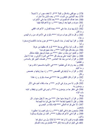 ‫873- و مع كفى بال قل و كيل ***و ل تخف جورا و ل تبديل‬
‫973- بعد الثمانين من النساء *** و بعده اةثنان بل امتراء‬
‫083- هما هداك ال للصواب *** بعد ةثل ث جاء في الحزاب‬
‫183- حرف و فيها بعد أربعينا *** و دع أذاهم قبله يقينا‬
‫أو لم‬
‫283- أولم يهد بواو جاء في *** سجدة لقمان و العراف اقتفي‬
‫و ما كان‬
‫383- و قل ما كان جواب مرشدا *** بالواو في العراف من رام الهدى‬
‫و جاء‬
‫483- و اقرأ بها أيضا و جاء السحرة *** فرعون جاءت كالصباح مسفرة‬
‫و لما‬
‫583- و قل و لما ستة في يوسفا *** الواو قد حققها من عرفا‬
‫683- من بعده قل بلغ الشدا *** و بعده جهزهم مبدا‬
‫783- و فتحوا من بعده و دخلوا *** من حيث لم يبق عليك مشكل‬
‫883- و دخلوا أيضا على يوسف قل *** في المرة الولى و عنه ل تحل‬
‫983- و اقرأ و لما من بعد هذا الخامس *** و فصلت العير تفز بالسادس‬
‫و تقطعوا‬
‫093- و بعد واو قد أتى تقطعوا *** في النبياء فاسمعوا ذاك وعوا‬
‫و ما أتيتم‬
‫193- و اقرأ و ما أوتيتم في القصص *** و زد بها زينتها و خصص‬
‫و قال‬
‫293- و اقرأ و قال الكافرون هذا *** في صاد بالواو و زد نفاذا‬
‫و إذا‬
‫393- قل و إذا مس بواو في الزمر *** و جاء بالفاء أخوه في الةثر‬
‫و يؤمنون به‬
‫493- في غافر جاء و يؤمنون به *** و ليس في الشورى تيقظ و انتبه‬
‫باب الياء‬
‫يؤخذ‬
‫593- و اقرأ و ل يؤخذ منها عدل *** من بعد ل يقبل منها و اتل‬
‫693- و قبل ل تنفعها شفاعة *** هذا على قراءة الجماعة‬
‫793- إل على قراءة المكي *** فإنه بالتاء و البصري‬
‫يذبحون‬
‫893- يذبحون مفردة في البقرة *** و زد بإبراهيم واوا مظهرة‬
‫993- و اقرأه في العراف يقتلونا *** و أفت إن جاؤوك يسألونا‬
‫يا قوم‬
‫004- لقومه يا قوم ل تراها *** إل ةثلةثا سل من استقراها‬
‫104- في البقرة يا قوم معه إنكم *** ظلمتم من بعده أنفسكم‬

 