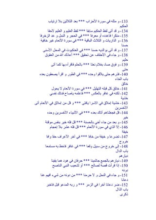 ‫331- و مثله في سورة الحزاب *** بعد الثلثين بل ارتياب‬
‫الحكيم‬
‫431- و قد أتى لفظ الحكيم سابقا *** لفظ العليم و العليم لحقا‬
‫531- منكرا فاعدد ه أو معرفا *** في الحجر و النمل و عد الزخرفا‬
‫631- و الذاريات و الثل ث الباقية *** في سورة النعام غير خافية‬
‫حسنا‬
‫731- و قد أتى بوالديه حسنا *** في العنكبوت في المحل السنى‬
‫831- و جاء في الحقاف عن تحقيق *** أعاذك ال من العقوق‬
‫حليم‬
‫931- و فوق وصاد بغلم نعتا *** بالحلم فاقرأ ه بها كما أتى‬
‫حتى‬
‫041- فذرهم حتى يلقوا وحد ه *** في الطور و اقرأ يصعقون بعد ه‬
‫باب الخاء‬
‫خالق‬
‫141- خالق كل قبله التهليل *** في سورة النعام ل يحول‬
‫241- لكنه في غافر بالعكس *** فاعلمه ياوصاح فدتك نفسي‬
‫خشية‬
‫341- خشية إملق في السرا يافتى *** و قل من إملق في النعام أتى‬
‫الخسرين‬
‫441- قل فجعلناهم أتاك بعد ه *** في النبياء الخسرين وحد ه‬
‫خير‬
‫541- و بعد من جاء أخي بالحسنة *** قل فله خير بنفس موقنة‬
‫641- إل الذي في سورة النعام *** قل فله عشر بل إحجام‬
‫خيفة‬
‫741- تضرعا و خيفة من خافا *** في آخر العراف حقا وافا‬
‫خروج‬
‫841- إلى خروج من سبيل وقعا *** في غافر فاحظ به مستمعا‬
‫باب الدال‬
‫ديارهم‬
‫941- ديارهم بالجمع جاثمينا *** حرفان في هود هما يقينا‬
‫051- إذا قرأت قصة لصالح *** أو لشعيب النبي الناوصح‬
‫دونه‬
‫151- و جاء في النحل و ل حرمنا *** من دونه من شيء افهم عنا‬
‫دعانا‬
‫251- ضر دعانا آخرا في الزمر *** و ربه المدعو قبل فاخبر‬
‫باب الذال‬
‫ذكرى‬

 