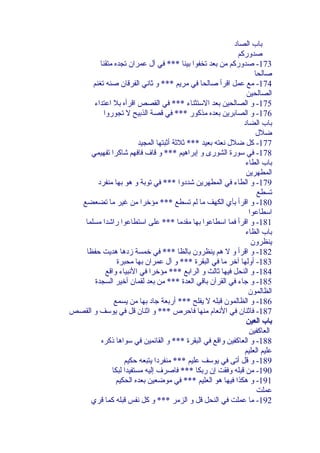 ‫باب الصاد‬
‫وصدوركم‬
‫371- وصدوركم من بعد تخفوا بينا *** في آل عمران تجد ه متقنا‬
‫وصالحا‬
‫471- مع عمل اقرأ وصالحا في مريم *** و ثاني الفرقان وصنه تغنم‬
‫الصالحين‬
‫571- و الصالحين بعد الستثناء *** في القصص اقرأ ه بل اعتداء‬
‫671- و الصابرين بعد ه مذكور *** في قصة الذبيح ل تجوروا‬
‫باب الضاد‬
‫ضلل‬
‫771- كل ضلل نعته بعيد *** ثلثة أثبتها المجيد‬
‫871- في سورة الشورى و إبراهيم *** و قاف فافهم شاكرا تفهيمي‬
‫باب الطاء‬
‫المطهرين‬
‫971- و الطاء في المطهرين شددوا *** في توبة و هو بها منفرد‬
‫تسطع‬
‫081- و اقرأ بآي الكهف ما لم تسطع *** مؤخرا من غير ما تضعضع‬
‫اسطاعوا‬
‫181- و اقرأ فما اسطاعوا بها مقدما *** على استطاعوا راشدا مسلما‬
‫باب الظاء‬
‫ينظرون‬
‫281- و اقرأ و ل هم ينظرون بالظا *** في خمسة زدها هديت حفظا‬
‫381- أولها آخر ما في البقرة *** و آل عمران بها محبرة‬
‫481- و النحل فيها ثالث و الرابع *** مؤخرا في النبياء واقع‬
‫581- و جاء في القرآن باقي العدة *** من بعد لقمان أخير السجدة‬
‫الظالمون‬
‫681- و الظالمون قبله ل يفلح *** أربعة جاد بها من يسمع‬
‫781- فاثنان في النعام منها فاحرص *** و اثنان قل في يوسف و القصص‬
‫باب العين‬
‫العاكفين‬
‫881- و العاكفين واقع في البقرة *** و القائمين في سواها ذكر ه‬
‫عليم العليم‬
‫981- و قل أتى في يوسف عليم *** منفردا يتبعه حكيم‬
‫091- من قبله وفقت إن ربكا *** فاوصرف إليه مستفيدا لبكا‬
‫191- و هكذا فيها هو العليم *** في موضعين بعد ه الحكيم‬
‫عملت‬
‫291- ما عملت في النحل قل و الزمر *** و كل نفس قبله كما قري‬

 