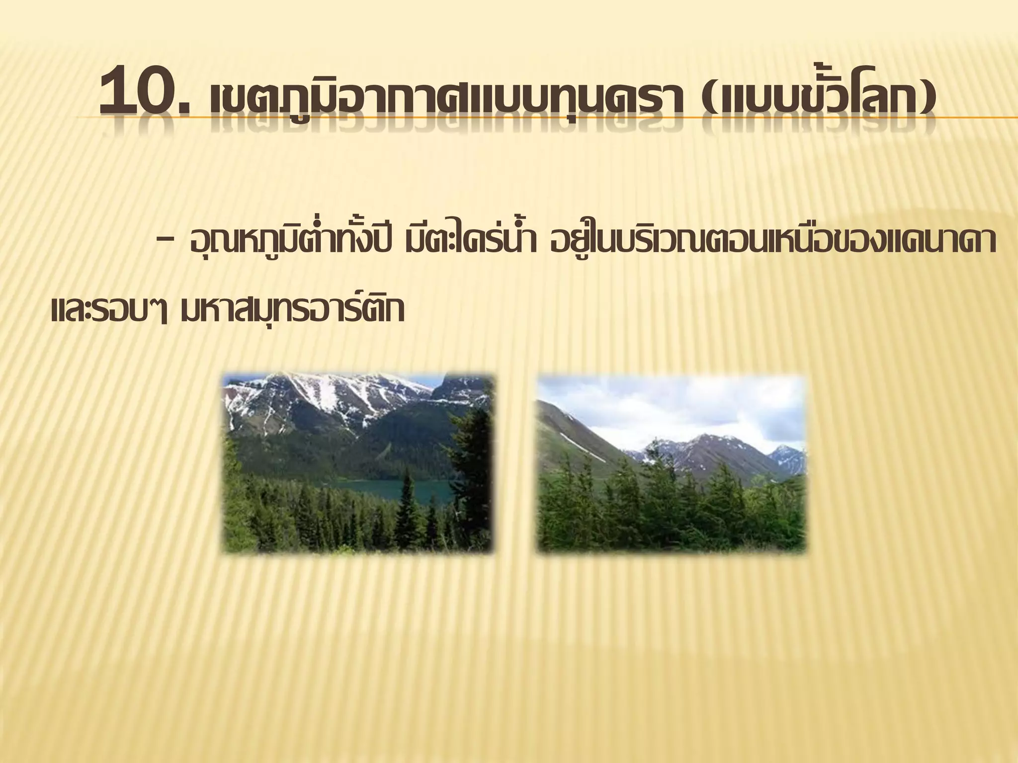 10. เขตภูมิอากาศแบบทุนดรา (แบบขั้วโลก)
- อุ ณหภูมต่าทังปี มีตะไคร่น้า อยู่ในบริเวณตอนเหนือของแคนาดา
ิ ้
และรอบๆ มหาสมุทรอาร์ตก
ิ

 