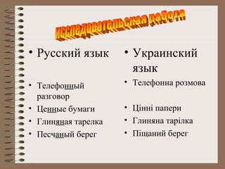 • Русский язык

• Украинский
язык

• Телефонный
разговор
• Ценные бумаги
• Глиняная тарелка
• Песчаный берег

• Телефонна розмова
• Цінні папери
• Глиняна тарілка
• Піщаний берег

 