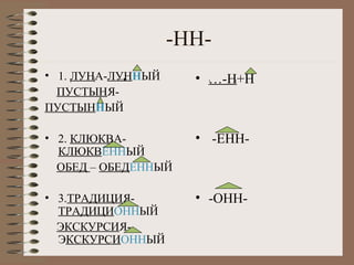 -НН• 1. ЛУНА-ЛУННЫЙ
ПУСТЫНЯПУСТЫННЫЙ

• …-Н+Н

• 2. КЛЮКВАКЛЮКВЕННЫЙ
ОБЕД – ОБЕДЕННЫЙ

• -ЕНН-

• 3.ТРАДИЦИЯТРАДИЦИОННЫЙ
ЭКСКУРСИЯЭКСКУРСИОННЫЙ

• -ОНН-

 