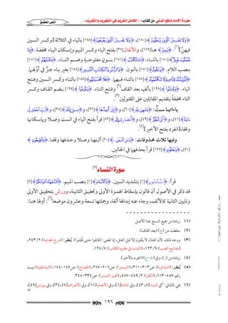 ‫‪                ‬‬
‫‪‬‬
‫‪ ‬‬
‫‪‬‬
‫‪ ‬א‪  ‬א‪FW ‬א‪ ‬א‪ ‬א‪  ‬א‪KKE ‬‬

‫א‪‬א‪‬‬

‫َ‬

‫َ‬

‫ۡ َ َّ‬
‫ۡ َ َّ‬
‫‪ ÄI‬يسب ‪ ÄI ,[١٨٠] HÇ Æ‬يسب ‪ [١٨٨] H[ Z‬ﺑﺎﻟﻴﺎء ﰲ اﻟﺜﻼﺛﺔ ]وﻛـﴪ اﻟـﺴﲔ‬
‫ِ‬
‫ِ‬
‫)١(‬

‫ﻓﻴﻬﻦ[ . ‪ H¤I‬ﻫﻨﺎ]٩٧١[, واﻷﻧﻔﺎل]٧٣[ ﺑﻔﺘﺢ اﻟﻴﺎء وﻛـﴪ اﳌـﻴﻢ وإﺳـﻜﺎن اﻟﻴـﺎء ﳐﻔﻔـﺔ. ‪ãI‬‬
‫ﱠ‬

‫ٍ‬

‫ٍ‬

‫‪ [١٨٠] Hå ä‬ﺑﺎﻟﺘـــﺎء. ‪ [١٨١] HMI‬ﺑﻨـــﻮن ﻣﻔﺘﻮﺣـــﺔ وﺿـــﻢ اﻟﺘـــﺎء. ‪[١٨١] HPI‬‬

‫ﺑﻨﺼﺐ اﻟﻼم. ‪ [١٨١] HTI‬ﺑﺎﻟﻨﻮن. ‪ [١٨٤] Hl k jI‬ﺑﻐﲑ ﺑـﺎء ﺟـﺮ ﰲ أوﳍـﲈ.‬
‫ﱠ‬
‫ﱟ‬

‫‪ [١٨٧] HK J I HI‬ﺑﺎﻟﺘــﺎء ﻓــﻴﻬﲈ. ‪ [١٨٨] He dI‬ﺑﺎﻟﺘــﺎء وﻛــﴪ اﻟــﺴﲔ وﻓــﺘﺢ‬
‫ٍ‬
‫اﻟﺒﺎء. ‪ [١٩٥] H[I‬ﺑﺄﻟﻒ ﺑﻌﺪ اﻟﻘﺎف)٢( وﻓـﺘﺢ اﻟﺘـﺎء. ‪ [١٩٥] HI‬ﺑـﻀﻢ اﻟﻘـﺎف وﻛـﴪ‬
‫ِ‬
‫ِ‬
‫ً‬
‫اﻟﺘﺎء ﳐﻔﻔﺔ ﺑﺘﻘﺪﻳﻢ اﳌﻘﺎﺗﻠﲔ ﻋﲆ اﳌﻘﺘﻮﻟﲔ)٣(.‬

‫ﻳﺎءاﲥــﺎ ﺳــﺖ: ‪ ,[٢٠] Hj iI‬و‪I‬إن »‪ ,[٣٦] H‬و‪I‬م ـن ¡‪ ,[٣٥] H‬و‪َ ِ ّ } |I‬‬
‫ِ ِّ َ‬
‫ِـ ِّ َ‬
‫ﱟ‬
‫َ‬
‫َ‬
‫َ َ‬
‫ِّ َ‬
‫_‪ ,[٤١] H‬و‪I‬أن ‪ ,[٤٩] Hu‬و‪I‬أنصاري ‪ [٥٢] HÆ‬ﻗﺮأ ﺑﻔﺘﺢ اﻟﻴﺎء ﰲ اﻟﺴﺖ وﺻـﻼ وﺑﺈﺳـﻜﺎﳖﺎ‬
‫ِ‬

‫وﻗﻔﺎ,]اﻧﻔﺮد ﺑﻔﺘﺢ اﻷﺧﲑ[)٤(.‬

‫وﻓﻴﻬﺎ ﺛﻼث ﳏـﺬوﻓﺎت: ‪l kI‬ۦ‪ [٢٠] H‬أﺛﺒﺘﻬـﺎ وﺻـﻼ وﺣـﺬﻓﻬﺎ وﻗﻔـﺎ. ‪H°I‬‬

‫]٠٥[, ‪ [١٧٥] HYI‬ﻗﺮأ ﺑﺤﺬﻓﻬﲈ ﰲ اﳊﺎﻟﲔ.‬

‫‪‬א‪ (٥)‬‬

‫ﻗﺮأ: ‪ [١] Hυπ◊ϕ©♣,Βφ◊ψ◊]‡ΦI‬ﺑﺘﺸﺪﻳﺪ اﻟﺴﲔ. ‪ [١] HXI‬ﺑﻨﺼﺐ اﳌـﻴﻢ. ‪[٥] H§ ¦I‬‬

‫ﻣﺎﺟﺴﺘﲑ _ ﻣﺮﺍﻡ ﺍﻟﻠﻬﻴﱯ ) ﻛﺎﻣﻞ ﺍﻟﺮﺳﺎﻟﺔ.. ﺍﻟﺼﻮﺭﺓ ﺍﻟﻨﻬﺎﺋﻴﺔ ( ١٤٠‬

‫ﻗﺪ ذﻛﺮ ﰲ اﻷﺻﻮل أن ﻗﺎﻟﻮن ﺑﺈﺳﻘﺎط اﳍﻤـﺰة اﻷوﱃ وﲢﻘﻴـﻖ اﻟﺜﺎﻧﻴـﺔ, وورش ﺑﺘﺤﻘﻴـﻖ اﻷوﱃ‬

‫وﺗﻠﻴﲔ اﻟﺜﺎﻧﻴﺔ ﻛﺎﻷﻟﻒ, وﺟﺎء ﻋﻨﻪ إﺑﺪاﳍﺎ أﻟﻔﺎ, وﲨﻠﺘﻬﺎ ﺗﺴﻌﺔ وﻋﴩون ﻣﻮﺿﻌﺎ)٦(: أوﳍﺎ ﻫﻨـﺎ:‬
‫ــــــــــــــــــ‬
‫)١( زﻳﺎدة ﻣﻦ ﲨﻴﻊ اﻟﻨﺴﺦ ﻋﺪا اﻷﺻﻞ‬
‫)٢( ﺳﻘﻄﺖ ﻣﻦ )ج( )ﺑﻌﺪ اﻟﻘﺎف(.‬

‫ُِ‬
‫)٣( ووﺟﻪ ذﻟﻚ: ﻷن اﻟﻘﺘﺎل ﻻ ﻳﻜﻮن إﻻ ﻗﺒﻞ اﻟﻘﺘﻞ, إذ اﳌﻌﻨﻰ: )ﻗﺎﺗﻠﻮا ﺣﺘـﻰ ﻗﺘﻠـﻮا(. ُﻳﻨﻈـﺮ: )ﴍح اﳍﺪاﻳـﺔ(:٢/٣٤٢,‬
‫)ﻣﻔﺎﺗﻴﺢ اﻟﻐﻴﺐ(:٩/٣٢١, )اﻟﻠﺒﺎب ﰲ ﻋﻠﻮم اﻟﻜﺘﺎب(:٧/٧٢١.‬

‫٧١/١١/٤٣٤١‬

‫)٤( زﻳﺎدة ﻣﻦ )ز(, وﰲ )ط−ج( )اﻧﻔﺮد ﺑﺎﻷﺧﲑ(.‬
‫)٥( ُﻳﻨﻈــﺮ: )اﻟﺘــﺬﻛﺮة(: ص٣٠٣−١١٣, )اﻟﺘﻴــﺴﲑ(: ص٦٠٢−٧٦٢, )اﳌﻔﺘــﺎح(: ص٧٤١−٤٥١, )اﻟــﺸﺎﻃﺒﻴﺔ(:ﺑﻴــﺖ‬
‫رﻗﻢ:٧٨٥−٣١٦, )اﻟﻜﻨﺰ(:٢/٩٤٤−٧٥٤, )ﲢﺒﲑ اﻟﺘﻴﺴﲑ(: ص٤٣٣−٤٤٣.‬

‫‪@ @Ali Fattani‬‬

‫)٦( ﻫﻲ ﻛﺎﻟﺘﺎﱄ: "ﰲ اﻟﻨﺴﺎء]٥, ٣٤[, وﰲ اﳌﺎﺋﺪة]٦[, وﰲ اﻷﻧﻌـﺎم ]١٦[, وﰲ اﻷﻋـﺮاف]٧٤,٤٣[, وﰲ ﻳـﻮﻧﺲ]٩٤[,‬

‫=‬

‫‪ ١٩٦ ‬‬

 