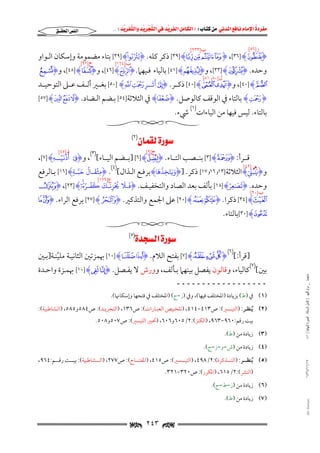 ‫‪                ‬‬
‫‪‬‬
‫‪ ‬‬
‫‪‬‬
‫‪ ‬א‪  ‬א‪FW ‬א‪ ‬א‪ ‬א‪  ‬א‪KKE ‬‬

‫א‪‬א‪‬‬

‫ﺭ]٦٥[‬
‫ﺏ]٣٣٢[‬
‫ُُۡ ْ‬
‫‪ [٣٩] H ~ } |I ,[٣٦] HvI‬ذﻛﺮ ﻛﻠﻪ. ‪I‬لتبوا‪ [٣٩] H‬ﺑﺘﺎء ﻣﻀﻤﻮﻣﺔ وإﺳﻜﺎن اﻟـﻮاو‬
‫ِ‬
‫ﺏ]٤٦١[‬

‫ﺡ]٢٩[‬

‫وﺣﺪه. ‪ ,[٣٣] HRI‬و‪ [٤١] HÙI‬ﺑﺎﻟﻴﺎء ﻓـﻴﻬﲈ. ‪ ,[٤٦] H_I‬و‪ ,[٤٨] H¯I‬و‪aI‬‬
‫ﻝ]٠٨، ١٨[‬
‫ََ‬
‫‪ ,[٤٠] Hb‬و‪ [٤٠] He dI‬ذﻛــﺮ. ‪ ÎI‬أثــر‪ [٥٠] HÑ Ð‬ﺑﻐــﲑ أﻟــﻒ ﻋــﲆ اﻟﺘﻮﺣﻴــﺪ‬
‫ِ‬
‫ُ ۡٗ‬
‫‪ HÐI‬ﺑﺎﻟﺘﺎء ﰲ اﻟﻮﻗﻒ ﻛﺎﻟﻮﺻﻞ. ‪I‬ضعفا‪ H‬ﰲ اﻟﺜﻼﺛﺔ]٤٥[ ﺑـﻀﻢ اﻟـﻀﺎد. ‪[٥٧] H ¥ ¤I‬‬

‫ﺑﺎﻟﺘﺎء. ﻟﻴﺲ ﻓﻴﻬﺎ ﻣﻦ اﻟﻴﺎءات)١( ﳾء.‬

‫‪ (٢)‬‬

‫ﺩ]٥٤[‬
‫ُۡ‬

‫َ‬
‫ﻗـــﺮأ: ‪ [٣] HII‬ﺑﻨـــﺼﺐ اﻟﺘـــﺎء. ‪] [٦] HfI‬ﺑـــﻀﻢ اﻟﻴـــﺎء[)٣(, و‪ ~I‬أذنيــهِ‪,[٧] H‬‬
‫ۡـ‬
‫ﺝ]٩[‬

‫ُ‬

‫ُ‬

‫َۡ‬
‫َََ َ‬
‫َ َّ‬
‫َ َُّ‬
‫ِ‬
‫و‪I‬يبن‪ H‬اﻟﺜﻼﺛﺔ]٣١ﻭ٦١ﻭ٧١[ ذﻛﺮ. ]‪I‬ويتخذها‪ H‬ﺑﺮﻓـﻊ اﻟـﺬال[)٤(. ‪I‬مثقـال حبـةٖ‪ [١٦] H‬ﺑـﺎﻟﺮﻓﻊ‬
‫ِ‬
‫ٰ ِ‬
‫ﻫـ ]٢٤[‬

‫َ‬
‫َ َ ُ ۡ ﻉ]٦٧١[ ُ ۡ ُ ُ ۚ ٓ‬
‫ُ َ ِۡ‬
‫وﺣﺪه. ‪I‬تص ٰعر‪ [١٨] H‬ﺑﺄﻟﻒ ﺑﻌﺪ اﻟﺼﺎد واﻟﺘﺨﻔﻴـﻒ. ‪I‬فـ يزنـك كفـرهۥ‪ÂI ,[٢٣] H‬‬
‫ِ‬
‫ﺏ]٠٩[‬

‫‪ [٣٤] HÃ‬ذﻛﺮا. ‪ [٢٠] HO NI‬ﻋﲆ اﳉﻤﻊ واﻟﺘﺬﻛﲑ. ‪ [٢٧] HÌI‬ﺑﺮﻓﻊ اﻟﺮاء. ‪a `I‬‬

‫‪[٣٠] Hz‬ﺑﺎﻟﺘﺎء.‬

‫‪‬א‪ (٥)‬‬

‫]ﻗﺮأ:[)٦( ‪ [٧] Hx w vI‬ﺑﻔﺘﺢ اﻟﻼم. ‪ [١٠] H¿ ¾I‬ﲠﻤﺰﺗﲔ اﻟﺜﺎﻧﻴـﺔ ﻣﻠﻴﻨـﺔ]ﺑـﲔ‬
‫ّ‬

‫ﻣﺎﺟﺴﺘﲑ _ ﻣﺮﺍﻡ ﺍﻟﻠﻬﻴﱯ ) ﻛﺎﻣﻞ ﺍﻟﺮﺳﺎﻟﺔ.. ﺍﻟﺼﻮﺭﺓ ﺍﻟﻨﻬﺎﺋﻴﺔ ( ١٤٠‬

‫ﺑﲔ[)٧(ﻛﺎﻟﻴﺎء, وﻗﺎﻟﻮن ﻳﻔﺼﻞ ﺑﻴﻨﻬﲈ ﺑـﺄﻟﻒ, وورش ﻻ ﻳﻔـﺼﻞ. ‪ [١٠] HÛ nI‬ﲠﻤـﺰة واﺣـﺪة‬
‫ــــــــــــــــــ‬

‫)١( ﰲ )ط( ﺑﺰﻳﺎدة )اﳌﺨﺘﻠﻒ ﻓﻴﻬﺎ(, وﰲ )ز−ج( )اﳌﺨﺘﻠﻒ ﰲ ﻓﺘﺤﻬﺎ وإﺳﻜﺎﳖﺎ(.‬

‫)٢( ُﻳﻨﻈــﺮ: )اﻟﺘﻴــﺴﲑ(: ص٣١٤−٤١٤, )ﺗﻠﺨــﻴﺺ اﻟﻌﺒــﺎرات(: ص٦٣١, )اﻟﺘﺠﺮﻳــﺪ(: ص٤٨٥و٥٨٥, )اﻟــﺸﺎﻃﺒﻴﺔ(:‬
‫ﺑﻴﺖ رﻗﻢ:٠٦٩−٣٦٩, )اﻟﻜﻨﺰ(:٢/٥٠٦و٦٠٦, )ﲢﺒﲑ اﻟﺘﻴﺴﲑ(: ص٧٠٥و٨٠٥.‬

‫)٣( زﻳﺎدة ﻣﻦ )ط(.‬

‫)٤( زﻳﺎدة ﻣﻦ )ش−و−ز−ج(.‬
‫٧١/١١/٤٣٤١‬

‫)٥( ُﻳﻨﻈــــﺮ: )اﻟﺘــــﺬﻛﺮة(:٢/٨٩٤, )اﻟﺘﻴــــﺴﲑ(: ص٥١٤, )اﳌﻔﺘــــﺎح(: ص٧٧٢, )اﻟــــﺸﺎﻃﺒﻴﺔ(: ﺑﻴــــﺖ رﻗــــﻢ:٤٦٩,‬
‫)اﻟﻨﴩ(:٢/٥١٦, )اﳌﻜﺮر(: ص٠٢٣−١٢٣.‬

‫)٦( زﻳﺎدة ﻣﻦ )ز−ط−ج(.‬

‫‪@ @Ali Fattani‬‬

‫)٧( زﻳﺎدة ﻣﻦ )ط(.‬

‫‪ ٢٤٣ ‬‬

 