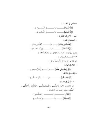 ‫ ﺍﻟﺬﺍﻝ ﰲ ﺍﻟﻈـﺎﺀ :‬‫]ﺇﺫﹾ ﻇﹶﻠﹶ ‪‬ﻮﺍ[ ـــــ ﺗﻘﺮﺃ ـــــ ) ﺇ ﱠـﻠﻤـﻮﺍ ( .‬
‫ﻇ‬
‫ﻤ‬
‫]ﺇِﺫﹾ ﻇﹶﻠﹶﻤﺘﻢ[ ـــــ ﺗﻘﺮﺃ ـــــ ) ﺇ ﱠـﻠﻤﺘﻢ ( .‬
‫ﻇ‬

‫ﺟـ - ﺍﻷﺣﺮﻑ ﺍﻟﺸﻔﻮﻳﺔ :‬
‫- ﺍﻟﺒـﺎﺀ ﰲ ﺍﳌﻴﻢ :‬

‫]‪‬ﻌ‪ ‬ﱢﺏ‪ ‬ﻣ‪‬ﻦ ﻳﺸﺎﺀ[ ــــ ﺗﻘﺮﺃ ـــــ )‪‬ﻌ‪ ‬ﱢ ‪‬ﻦ ﻳﺸﺎﺀ( .‬
‫ﻳﺬﻣ‬
‫ﻳﺬ‬
‫]ﺍﺭ‪‬ﻛﹶﺐ‪ ‬ﻣ‪‬ﻌ‪‬ﻨ‪‬ﺎ[ ــــــ ﺗﻘﺮﺃ ـــــ )ﺍﺭﻛـ ‪‬ﻌﻨـﺎ( .‬
‫ﻤ‬
‫ﻭﳚﻮﺯ ﻓﻴﻬﺎ ﻭﺟﻪ ﺁﺧﺮ : ﻭﻫﻮ ﺍﻹﻇﻬـﺎﺭ ) ﺍﺭﻛﺐ‪ ‬ﻣﻌﻨﺎ ( .‬
‫٣- ﺍﻟـﻤـﺘـﻘـﺎﺭﺏ :‬
‫ﻫﻮ ﺗﻘﺎﺭﺏ ﺍﳊﺮﻓﲔ ﳐﺮﺟﺎﹰ ﻭﺻﻔﺔﹰ ، ﻣﺜﻞ :‬
‫ ﺍﻟﻼﻡ ﰲ ﺍﻟﺮﺍﺀ :‬‫]ﻭﻗﻞﹾ ﺭ‪  ‬ﺯِﺩ‪‬ﻧِﻲ ﻋِﻠﹾﻤﺎﹰ[ ـــ ﺗﻘﺮﺃ ـــ ) ﻭﹸـ ‪‬ﺏ ﺯﺩﱐ ( .‬
‫ﻗ ﺮ‬
‫ﺏ‬
‫ ﺍﻟﻘﺎﻑ ﰲ ﺍﻟﻜﺎﻑ :‬‫]ﺃﱂ ﳔﻠﻘﹾـﻜﻢ[ــــــــ ﺗﻘﺮﺃ ــــ ) ﺃﱂ ﳔﻠـ ﱡﻢ ( .‬
‫ﻜ‬
‫ ﺍﻟﺬﺍﻝ ﰲ ﺍﻟﺘـﺎﺀ :‬‫ﰲ ﺍﻟﻜﻠﻤﺎﺕ ﺍﻵﺗﻴﺔ: )ﺃﹶﺧ‪‬ﺬﹾ‪‬ـﻢ ، ﺍ‪‬ـﺨ‪‬ـﺬﹾ‪‬ـﻢ ، ﺍ‪‬ﺨ‪‬ﺬﹾﺕ‪ ، ‬ﺃﹶﺧ‪‬ﺬﹾ‪‬ﻬﻢ ،‬
‫ﺗ‬
‫ﺗ‬
‫ﺗ‬
‫ﺗ‬
‫ﺗ‬
‫ﺃﹶﺧ‪‬ﺬﹾﺕ( ﺣﻴﺜﻤﺎ ﻭﻗﻌﺖ ﻫﺬﻩ ﺍﻟﻜﻠﻤﺎﺕ .‬
‫]ﺍﲣﺬﹾﰎ[ ــــــ ﺗﻘﺮﺃ ـــــــ ) ﺍﲣـ‪‬ـﻢ ( .‬
‫ﺘ‬
‫]ﺃﺧـﺬﹾﰎ[ ــــ ﺗﻘﺮﺃ ــــــــ ) ﺃﺧـ‪‬ـﻢ ( .‬
‫ﺘ‬
‫-٤٧-‬

 