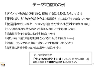 テーマ定型⽂の例
「ダイエットをあと100日長く、継続するにはどうしたらいいか」
「伴侶（妻、夫）との会話を今より2割増やすにはどうすればいいいか」
「従業員のコミュニケーションを2割増やすにはどうすればいいか」
「もっとお客様の気持ちになって考えるには、どうすればいいか」
「提出期限を守らせるにはどうすればいいか」
「同じような作業ミスを発生させなくするにはどうすればいいか」
「定期ミーティングに活力が出ない。どうすればいいだろうか」
「お客様に興味を持つためにはどうすればいいか」
テーマ設定のコツ

「今より2割増やすには」という「120%課題」の
表現を加えると具体的にできることが多い。

138

 