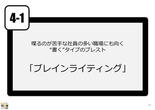 4-1
喋るのが苦⼿な社員の多い職場にも向く
“書く”タイプのブレスト

「ブレインライティング」

155

 