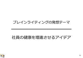 ブレインライティングの発想テーマ
━━━━━━━━━━━━━━━━━

社員の健康を増進させるアイデア

161

 