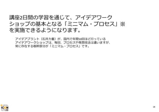 講座2⽇間の学習を通じて、アイデアワーク
ショップの基本となる「ミニマム・プロセス」※
を実施できるようになります。
アイデアプラント（⽯井⼒重）が、国内で年間50回ほど⾏っている
アイデアワークショップは、毎回、プロセスや発想技法は違いますが、
常に存在する根幹部分が「ミニマム・プロセス」です。

18

 