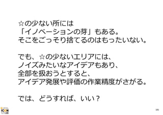 ☆の少ない所には
「イノベーションの芽」もある。
そこをごっそり捨てるのはもったいない。
でも、☆の少ないエリアには、
ノイズみたいなアイデアもあり、
全部を扱おうとすると、
アイデア発展や評価の作業精度がさがる。
では、どうすれば、いい？
181

 
