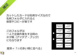 カットしたカードは名刺サイズなので
名刺フォルダに⼊れると
保管やコピーが楽です
このフォルダは
⼀⼈で企画作業をする時の
ネタ帳（アイデア・ブック）
にもなります
推奨＝「☆の多い順に並べる」
184

 