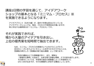 講座2⽇間の学習を通じて、アイデアワーク
ショップの基本となる「ミニマム・プロセス」※
を実施できるようになります。
アイデアプラント（⽯井⼒重）が、国内で年間50回ほど⾏っている
アイデアワークショップは、毎回、プロセスや発想技法が違いますが、
常に存在する根幹部分が「ミニマム・プロセス」です。

それが実践できれば、
場から⼤量のアイデアを引き出し、
上位の優秀案を短時間で抽出できます。
なお、ミニマム・プロセスの実施のレベルをさらに上げたり、
⾃分のニーズに合うようにモジュールを作りかえたりすることは、
受講者の伸びしろ（受講後の取り組み課題）として残ります。
今回の講座はとても情報量が多く、また、曖昧な
「感覚的な事柄」も含めて、出来る限り詳細な情報、ナマの話も紹介します。
その部分については、学習者の過去の経験量によって学習度合いに
ばらつきが出ますが、それを積極的に許容する構成にしています。

21

 