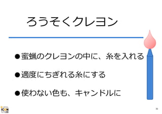 ろうそくクレヨン
●蜜蝋のクレヨンの中に、⽷を⼊れる
●適度にちぎれる⽷にする
●使わない⾊も、キャンドルに
31

 