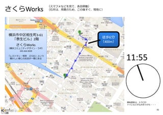さくらWorks

横浜市中区相⽣町3‐61
「泰⽣ビル」2階
さくらWorks

（スマフォなどを⾒て、各⾃移動）
（⽯井は、⽤意のため、この後すぐ、現地に）

徒歩6分
（400m）

（横浜コミュニティデザイン・ラボ）
045‐664‐9009
「レストラン・喫茶 ぷらむ」という
懐かしい感じのお店が⼀階にある

11:55

開始直前は、⼊り⼝や
トイレなどが込み合うかも・・・

41

 
